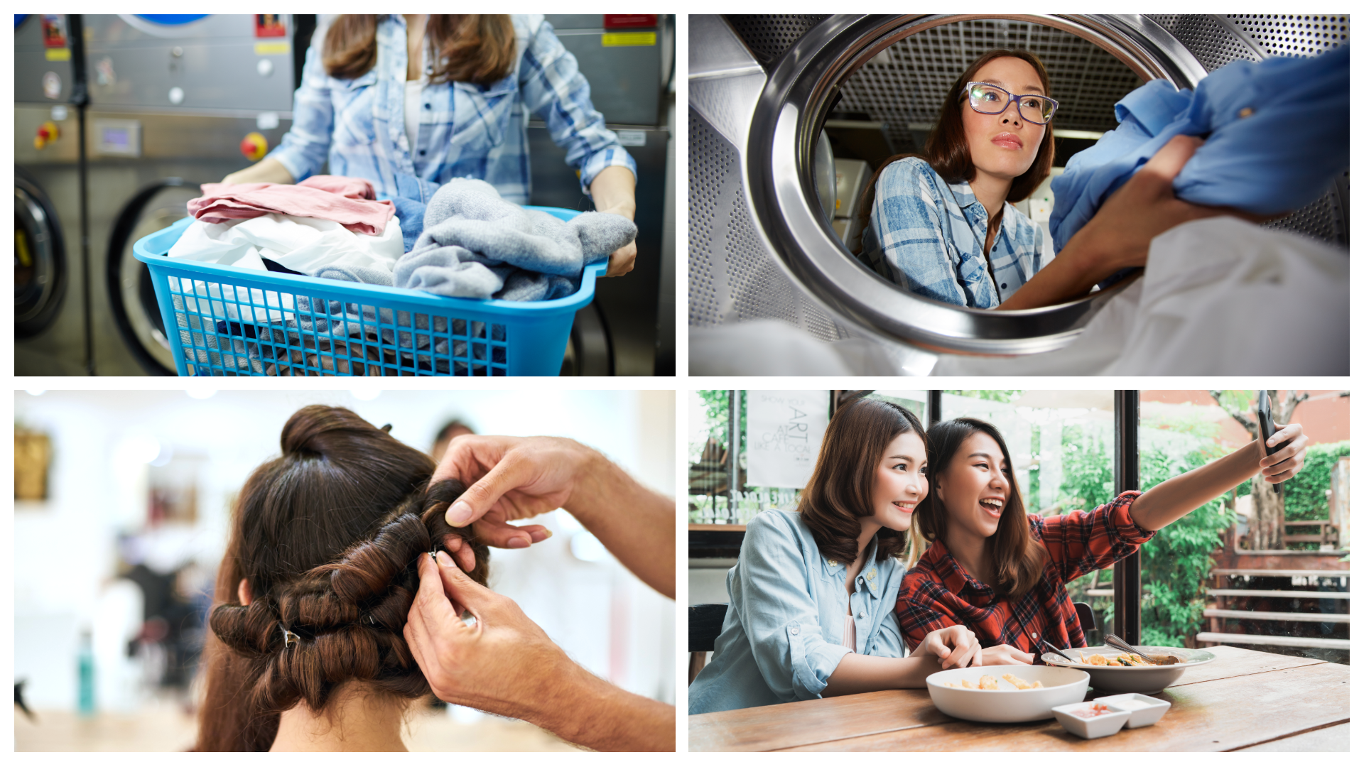 Grafika składa się z czterech zdjęć. Na zdjęciu po lewej stronie, na górze kobieta trzyma w rękach kosz pełen ubrań. W tle widoczna jest ściana zabudowana pralkami. Zdjęcie po prawej stronie, na górze zrobione jest z wnętrza pralki. Pokazuje kobietę wkładającą ubrania do pralki. Na zdjęciu po lewej stronie, na dole kobieta z długimi włosami ma układane i upinane włosy u fryzjera. Zdjęcie po prawej stronie, na dole przedstawia dwie kobiety siedzące przy stole. Obie są uśmiechnięte i pozują do zdjęcia, które robi telefonem jedna z nich. Na stole przed nimi stoją dwa talerze z jedzeniem.