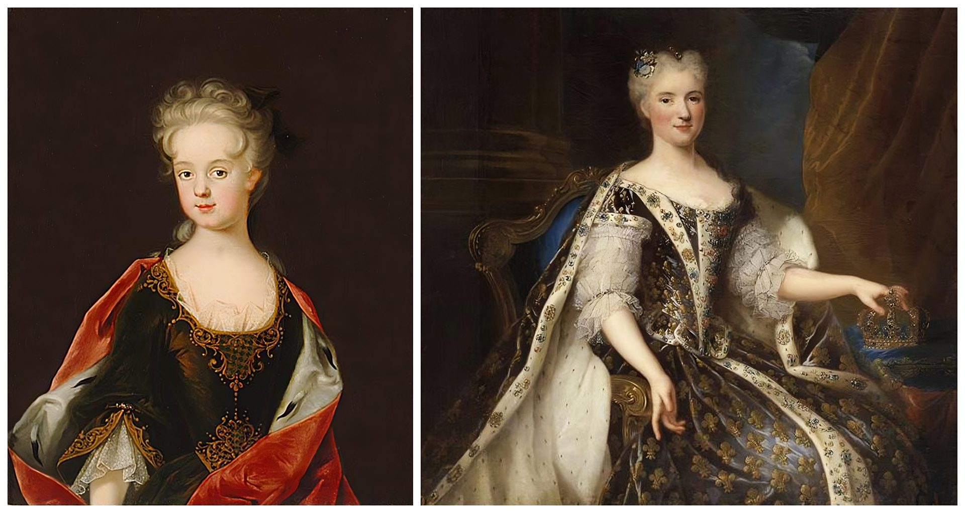 Kliknij, aby powiększyć. Na lewo jest widoczna sylwetka Marii Leszczyńskiej jako dziewczynki. Posiada aksamitną suknię z głębokim dekoltem, z rozcięciami na ramionach i koronkowymi mankietami. Na nią zarzucony jest płaszcz podbity futrem. Na głowie utrefione włosy zaczesane do tyłu z lokami spływającymi na czoło. Na prawo jest widoczna siedząca na krześle w stylu rokokowym królowa Maria Leszczyńska w stroju reprezentacyjnym ozdobionym klejnotami. Na ramiona ma narzucony gronostajowy płaszcz koronacyjny. Jej lewa dłoń spoczywa na koronie, która leży na aksamitnej poduszce z frędzlami w rogach. Królowa ma wysoko spięte włosy ozdobione kwiatami i klejnotami.