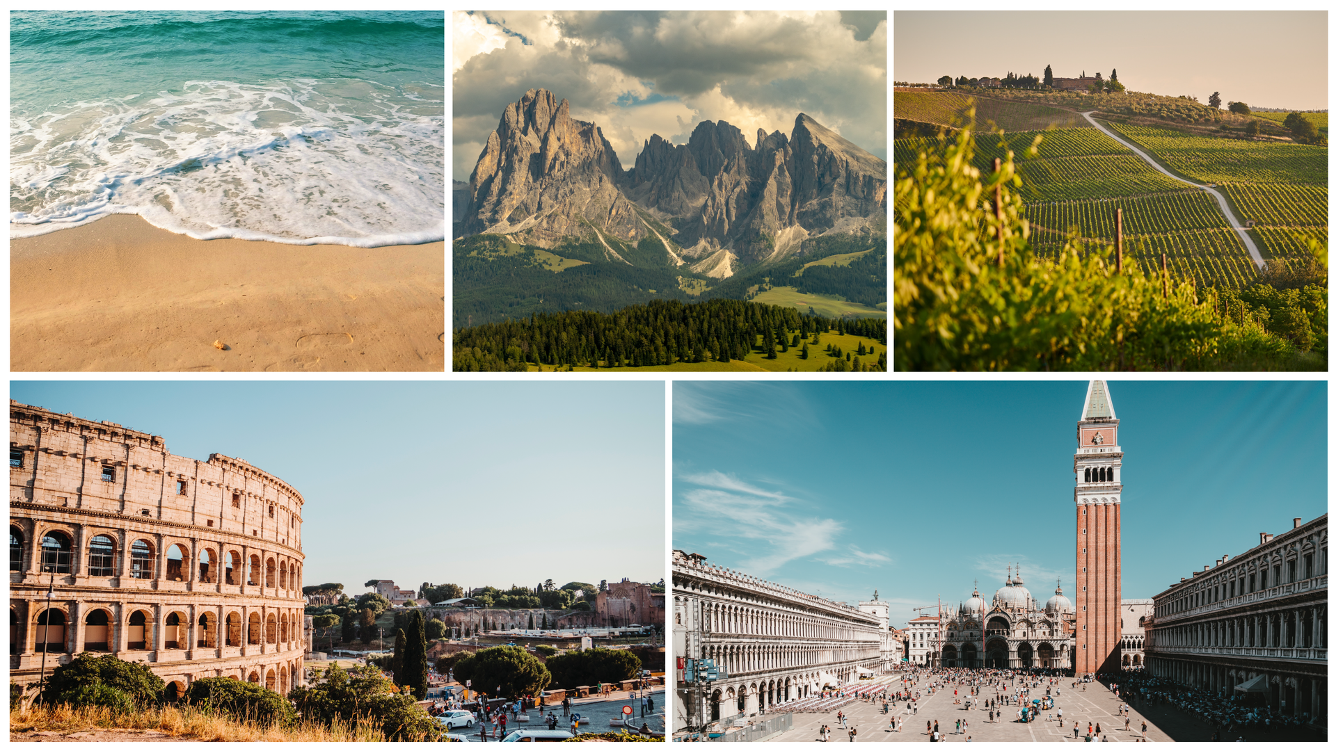 Ilustracja przedstawia widokówkę z Włoch składającą się z pięciu zdjęć. Na pierwszym zdjęciu widoczny jest brzeg morza i piasek. Na drugim zdjęciu widoczne są wysokie szczyty gór. Na kolejnym zdjęciu widoczna jest ścieżka wiodąca przez pola Toskanii. Na czwartym zdjęciu znajduje się Koloseum w Rzymie. Ostatnie zdjęcie przedstawia widok na plac św. Marka w Wenecji. Widoczna jest charakterystyczna wieża.