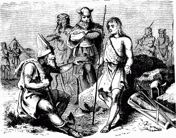 Czarno‑biała ilustracja przedstawia grupę gotów. Młodszy z nich trzymający włócznie stoi przed starszym mężczyzną siedzącym na kamieniu. Ma on długą brodę i hełm ze skrzydłami i tłumaczy mu coś gestykulując. Za nimi stoją inni Goci w zbrojach i uzbrojeni w miecze i włócznie. Na ziemi leżą tarcze i broń.