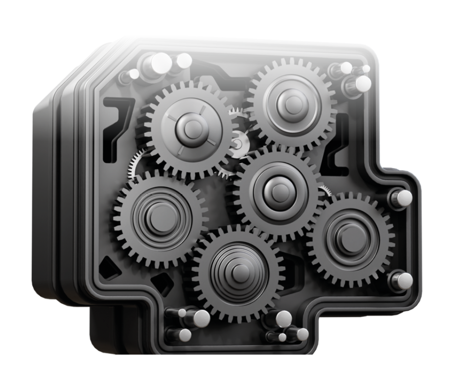 Na ilustracji jest przekładnia zębata. Przedstawia wnętrze mechanizmu urządzenia, którego obudowa ma kształt prostokąta ze ściętym górnym lewym rogiem i z dwiema wypustkami, u dołu i po prawej stronie. We wnętrzu urządzenia znajduje się 6 kół zębatych o zbliżonej średnicy.

