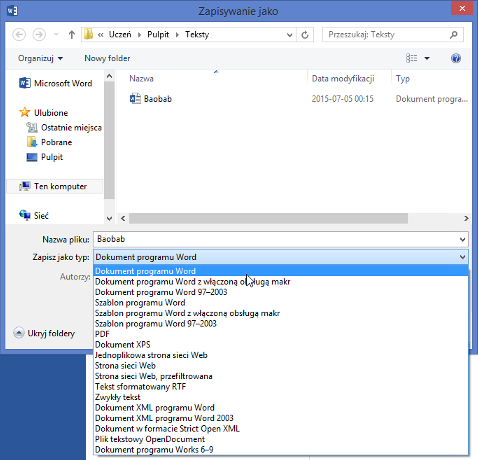 Zrzut okna: Zapisywanie jako z rozwiniętą listą: Zapisz jako typ w programie MS Word