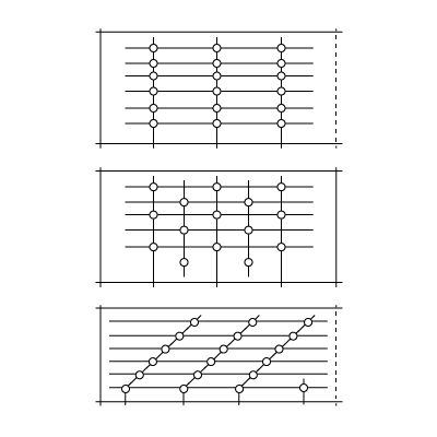 Rysunek przedstawia rozmieszczenie gwoździ w połączeniach prostokątnych, przestawionych, w zakosy.