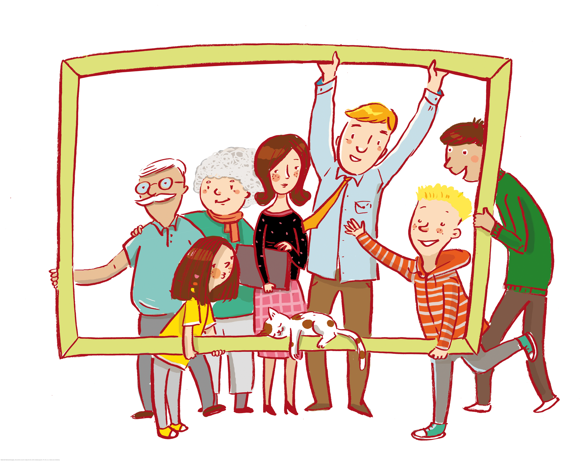 Ilustracja przedstawia grupę ludzi w różnym wieku trzymających dużą ramę tak, że znajdują się w jej środku. Z lewej strony widoczny jest starszy mężczyzna i starsza kobieta, pośrodku stoi para: kobieta i mężczyzna w średnim wieku, z prawej strony ramy znajduje się dwóch chłopców: starszy i młodszy. Przed starszymi ludźmi stoi trzymająca ramę dziewczynka. Na ramie leży śpiący łaciaty kot.