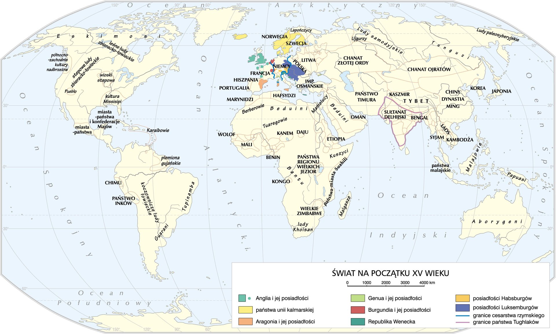 Kliknij, aby powiększyć. Na mapie zaznaczono:
Anglia i jej posiadłości,
państwa unii kalmarskiej,
Norwegia, Szwecja.
Aragonia i jej posiadłości,
Genua i jej posiadłości,
Burgundia i jej posiadłości,
Republika Wenecka,
posiadłości Habsburgów,
posiadłości Luksemburgów.
granicę cesarstwa rzymskiego,
granice państwa Tughlaków,
Ludy zamieszkałe świat w XV wieku:
paleosyberyjskie, samodyjskie, Ujgurzy, Mamelucy, Beduini, Lapończycy, Berberowie, Tuaregowie, ludy Khoisan,
Malgasze, Spinamba, koczownicze ludy łowieckie,
plemiona gujańskie,
leśne ludy zbieracko‑łowieckie,
Inuici, północno‑zachodnie kultury nadbrzeżne,
stepowe ludy zbieracko‑łowieckie,, Pueblo,
Karaibowie, Margas, Bantu, ludy paleo, syberyjskie, Laos.