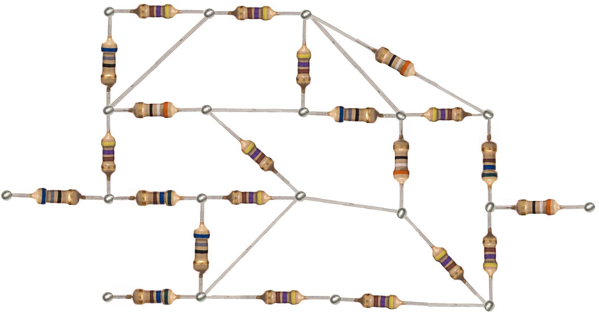 Rys. a. Rysunek pogladowy przedstawia fotografię prawdziwego obwodu składającego się z samych oporników połączonych ze sobą w sieć.