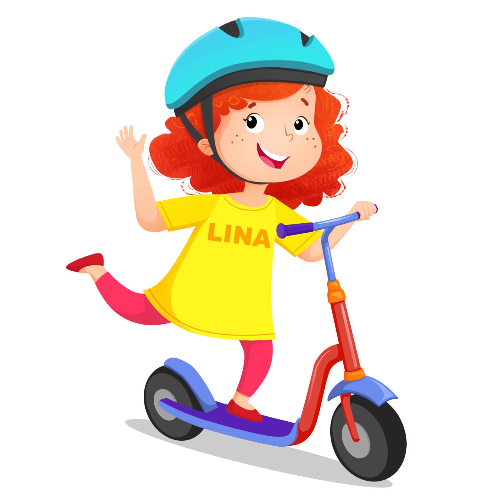 Ilustracja przedstawia rudowłosa dziewczynkę. Ubrana jest w żółtą koszulkę i różowe leginsy. Jedzie na hulajnodze. Na głowie ma kask.