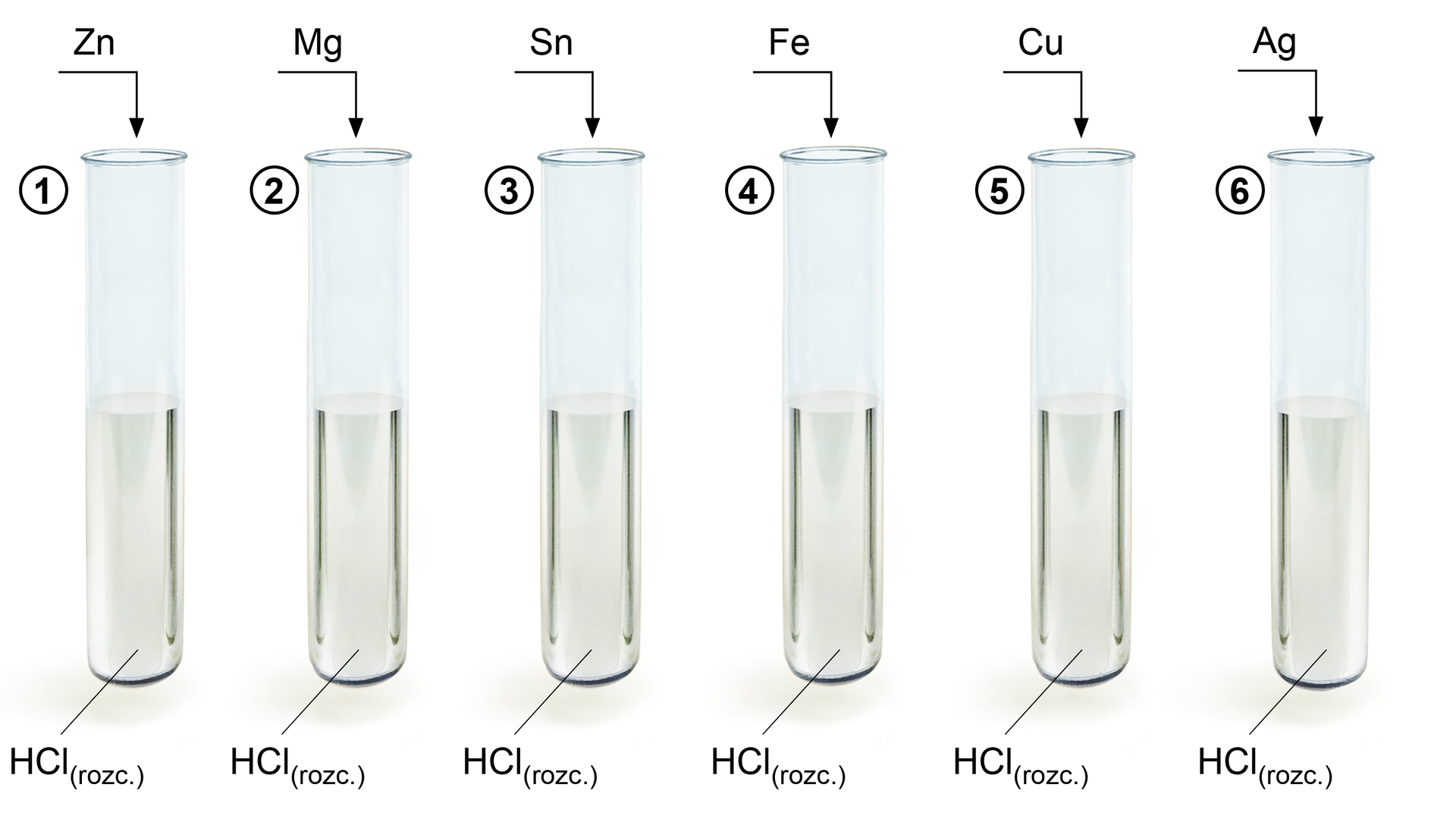Na ilustracji jest sześć probówek. W każdej znajduje się rozcieńczony roztwór chlorowodoru HCl(rozc.). Do kolejnych probówek dodawano próbki odpowiednich metali. Do pierwszej cynk Zn, do drugiej magnez Mg, do trzeciej cynę Sn, do czwartej żelazo Fe, do piątej miedź Cu i do szóstej srebro Ag.