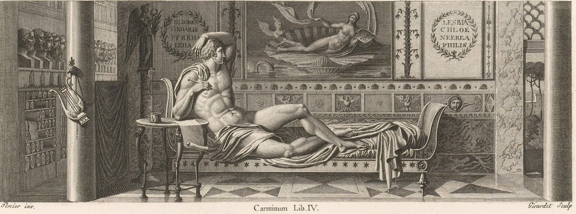 Ilustracja przedstawia dzieło Ch. Perciera pt. „Przedstawienie Horacego w XVIII-wiecznym wydaniu jego dzieł”. Horacy leży na łożu z nagim torsem, fragment tkaniny osłania prawe udo. Mężczyzna ma długie, lekko kręcone włosy. W pomieszczeniu na kolumnie wisi lira. Za stojącym łożem na ścianie umieszczone zostało dzieło, które przedstawia kobietę leżącą w muszli. Po lewej stronie znajdują się popiersia mężczyzn.