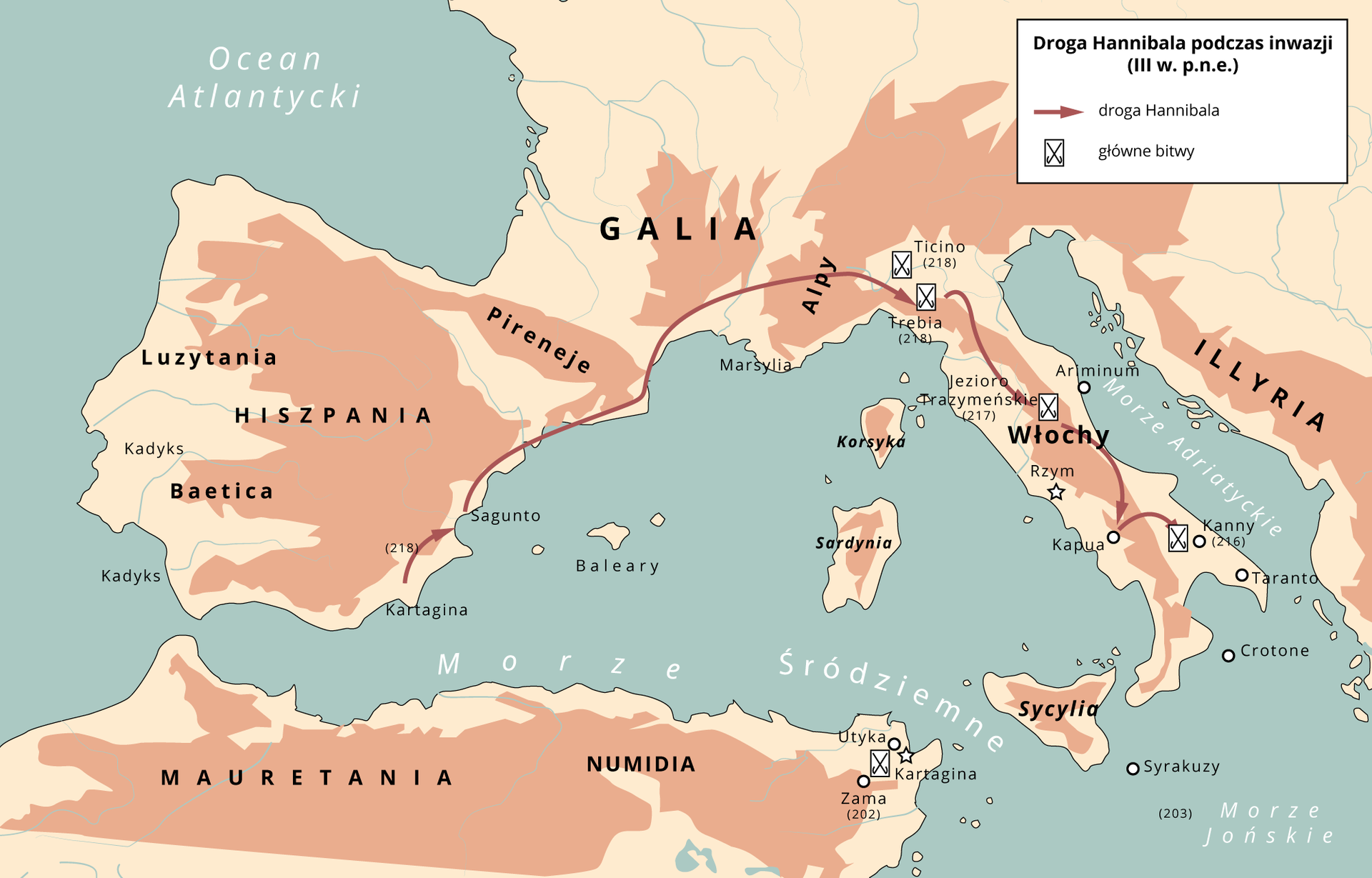  Mapa przedstawia drogę Hannibala podczas inwazji w trzecim wieku przed naszą erą. Mapa prezentuje południowo – zachodnią część Europy oraz część północnej Afryki. Droga Hannibala rozpoczęła się w mieście Kartagina, następnie przebiegała przez miasta: Sagunto, wzdłuż wybrzeża wschodniej części Hiszpanii oraz gór Pirenejów, przez Alpy, do miejscowości Trebia, kolejno z Trebii wzdłuż półwyspu Apenińskiego przez Jezioro Trazymeńskie oraz miasto Kapua. Droga Hannibala zakończyła się w Kanny. Na mapie zaznaczono główne bitwy. Pierwsza odbyła się w miejscowości Trebia w 218 roku przed naszą erą, ruga nad Jeziorem Trazymeńskim w 217 roku przed naszą erą, trzecia w Kanny w 216 roku przed naszą erą, czwarta w Metaurus w 207 roku przed naszą erą a piąta w Zama w 202 roku przed naszą erą.