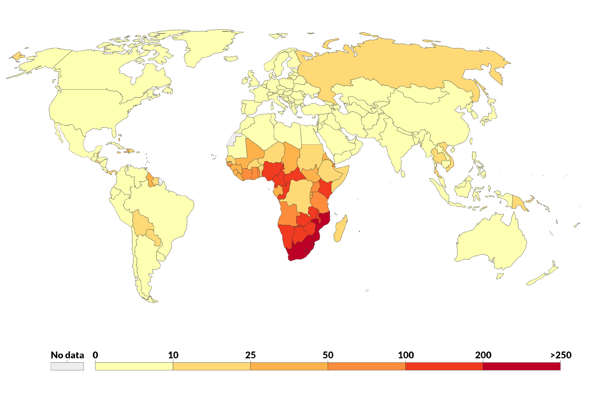 Mapa świata przedstawia liczbę zgonów spowodowanych pewną chorobą. Wartości od 200 do 250 występują w Republice Południowej Afryki, Mozambiku. Wartości od 100 do 200 występują w Namibii, Botswanie, Zambii, Zimbabwe, Nigerii, Kamerunie, Republice Środkowoafrykańskiej, Kenii. Wartości od 50 do 100 występują w Angoli, Tanzanii, Wybrzeżu Kości Słoniowej. Wartości od 25 do 50 występują w Czadzie, Mali, Sudanie Południowym, Rosji. Wartości od 10 do 25 występują w Demokratycznej Republice Konga, Sudanie, Nigrze, Etiopii, Somalii, na Madagaskarze, w Boliwii. W pozostałych krajach występują wartości poniżej 10.