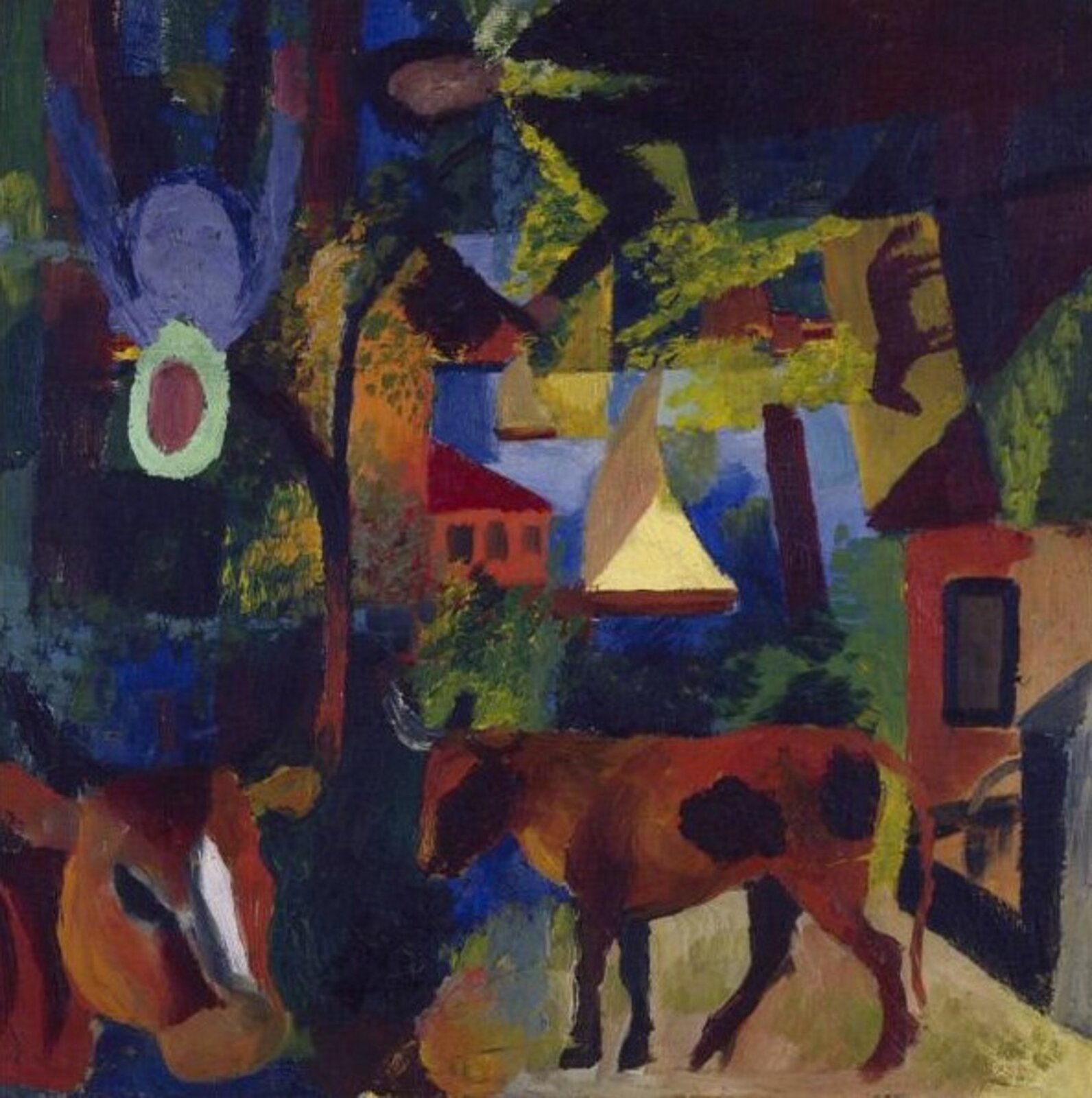 Ilustracja przedstawia obraz na którym widać krowy, żaglówkę i postać w nieoczywistych pozycjach.