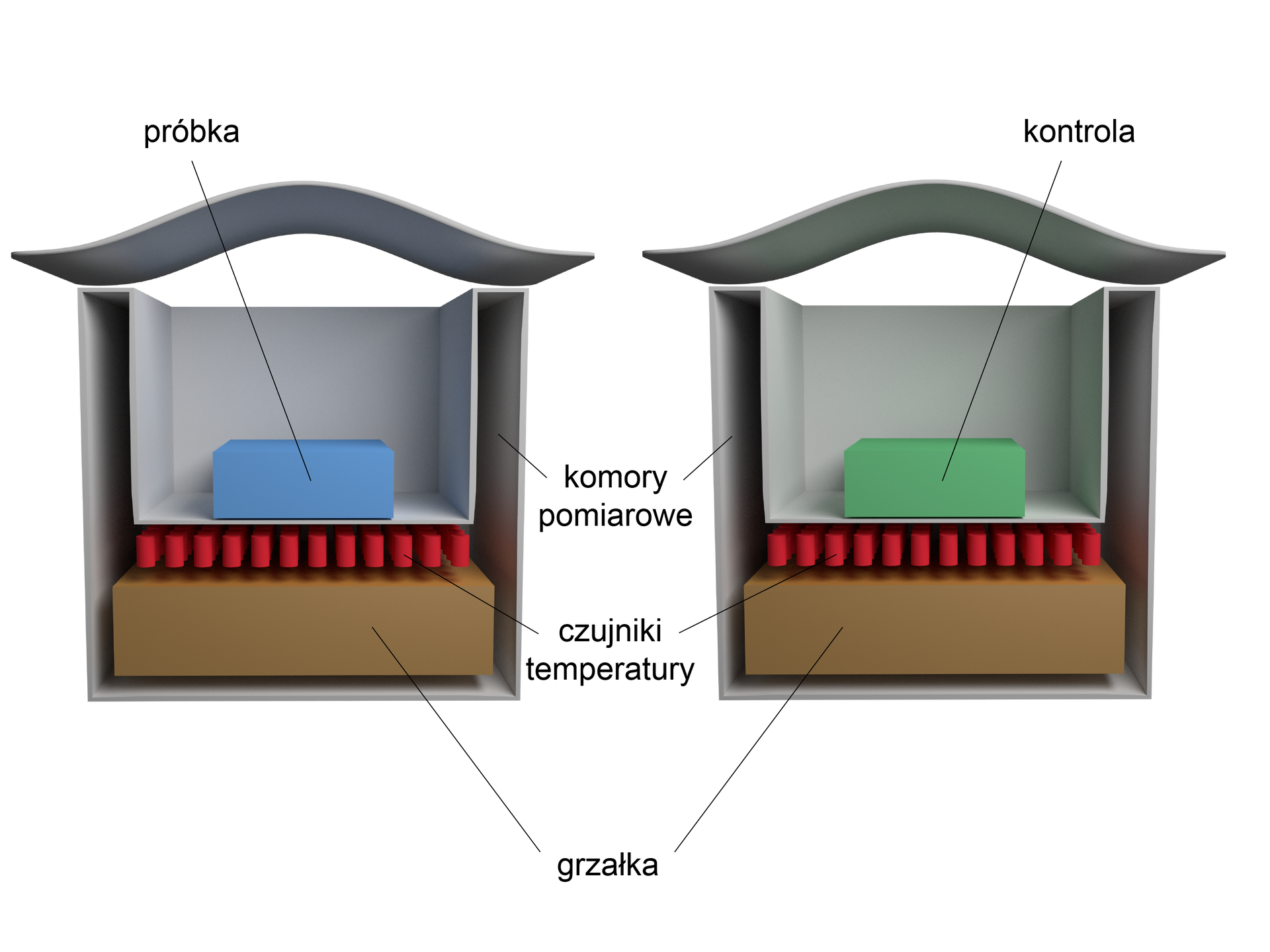 Ilustracja przedstawia kalorymetr różnicowy. Składa się on z dwóch komór pomiarowych. Po lewej stronie znajduje się komora dla badanej próbki. Natomiast po prawej - dla próbki kontrolnej. Komory mają od dołu prostopadłościenny kształt, a w górnej części na każdą nałożona jest wypukła w środkowej części, wygięta w łuki pokrywa. Skaningowy kalorymetr różnicowy zbudowany jest zatem z dwóch komór pomiarowych, czujników temperatury oraz grzałki. Komory pomiarowe znajdują się w górnej części i stanowią wydzieloną prostopadłościenną przestrzeń. Próbki reprezentowane są przez prostopadłościenne elementy umieszczone we wspomnianych komorach. Po lewej stronie próbka badawcza ma kolor niebieski. Natomiast po prawej - kontrolna ma kolor zielony. Poniżej znajduje się komora okalająca z trzech stron komory pomiarowe. Tuż pod nimi znajdują się czujniki temperatury reprezentowane przez czerwone walcowate elementy, ułożone jedne za drugim i zorientowane pionowo. Pod nimi, w każdej z dwóch komór znajdują się grzałki. Te z kolei reprezentowane są przez prostopadłościenne elementy. Ich najdłuższe boki zorientowana są poziomo.