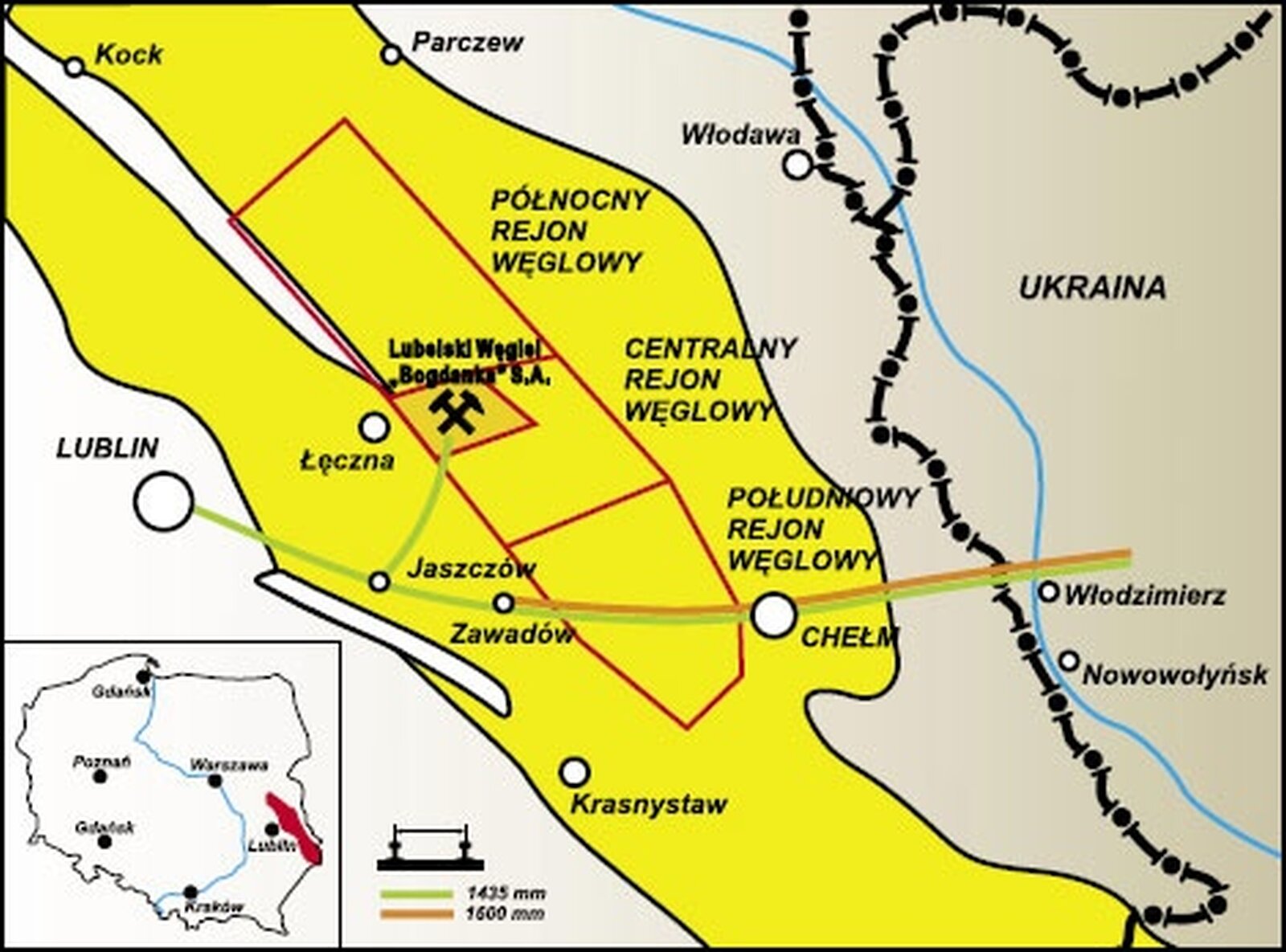 Ilustracja prezentująca mapę Lubelskiego Zagłębia Węglowego. Na mapie na żółto oznaczono obszar zaglębia, w lewym dolnym rogu znajduje się Mapa Polski z zaznaczonym na czerwono obszarem zagłębia. Na mapie zaznaczono białymi punktami Lublin i inne miejscowości.