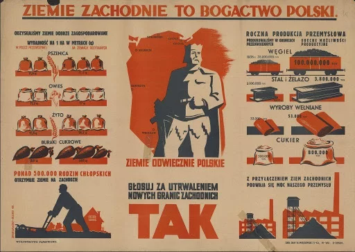Na ilustracji znajduje się kolorowy plakat propagandowy zachęcający wyborców do przyłączenia ziem zachodnich do Polski podczas referendum. Na plakacie jest napis Ziemie zachodnie to bogactwo Polski. Wymieniono między innymi to, że odzyskaliśmy ziemie dobrze zagospodarowane pod względem upraw pszenicy, owsa, żyta, buraków cukrowych. Następnie zaznaczono, że to ziemie odwiecznie polskie. Z przyłączeniem ziem zachodnich podwaja się moc naszego przemysłu. Ponad 500 000 rodzin chłopskich otrzymuje ziemie na zachodzie. Roczna produkcja przemysłowa daje dużo większe możliwości produkcyjne w przypadku węgla, stali i żelaza, wyrobów wełnianych, cukru. Napis: Głosuj za utrwaleniem nowych granic zachodnich tak.