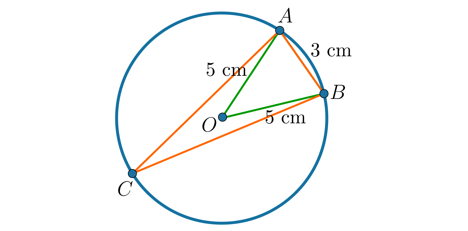 Trójkąt, którego jeden bok ma długość 3 cm, a odległość środka okręgu opisanego na tym trójkącie od jednego z jego wierzchołków wynosi 5 cm.