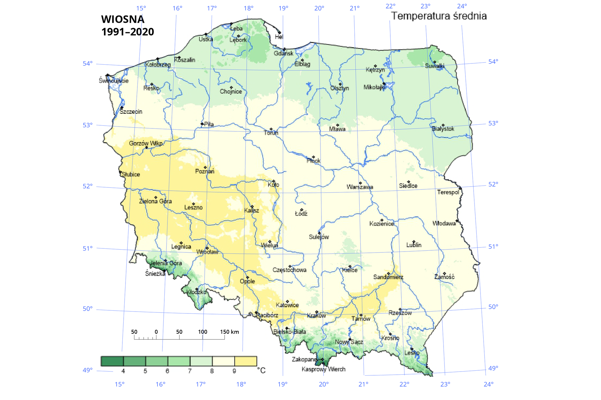 Mapa Polski przedstawiająca średnią roczną temperaturę powietrza wiosną w stopniach Celsjusza w latach 1991‑2020. Temperatury oznaczono kolorami, od ciemnozielonego (poniżej 4 stopni Celsjusza) dla najniższych do żółtego (powyżej 9 stopni Celsjusza) w przypadku najwyższych. Legenda umieszczona jest w prawym dolnym rogu. Nad nią znajduje się podziałka liniowa. Na obszarze Polski średnia roczna temperatura powietrza najwyższa była w pasie na zachodzie Polski, zaczynającym się na wysokości Gorzowa Wielkopolskiego, którego granica przechodzi w okolicy Poznania, Koła, Wielunia, pomiędzy Częstochową a Opolem, Katowic i Bielsko Białej, Cieplejszy obszar występuje również wzdłuż doliny górnej Wisły od Krakowa i Tarnowa do Sandomierza. Dookoła tego obszaru występuje chłodniejszy obszar obejmujący tereny dookoła terenu charakteryzującego się temperaturą powyżej 9 stopni Celsjusza. Niższą temperaturą charakteryzują się obszary na północy kraju i na wybrzeżu oraz w górach. Niższą temperaturą wyróżniają okolice Gór Świętokrzyskich. Na mapie znajduje się siatka kartograficzna na której opisano wartości południków i równoleżników co jeden stopień. W lewym dolnym rogu znajduje się podziałka liniowa, natomiast u góry mapy, po lewej napis Wiosna 1991‑2020, w prawym temperatura średnia.
