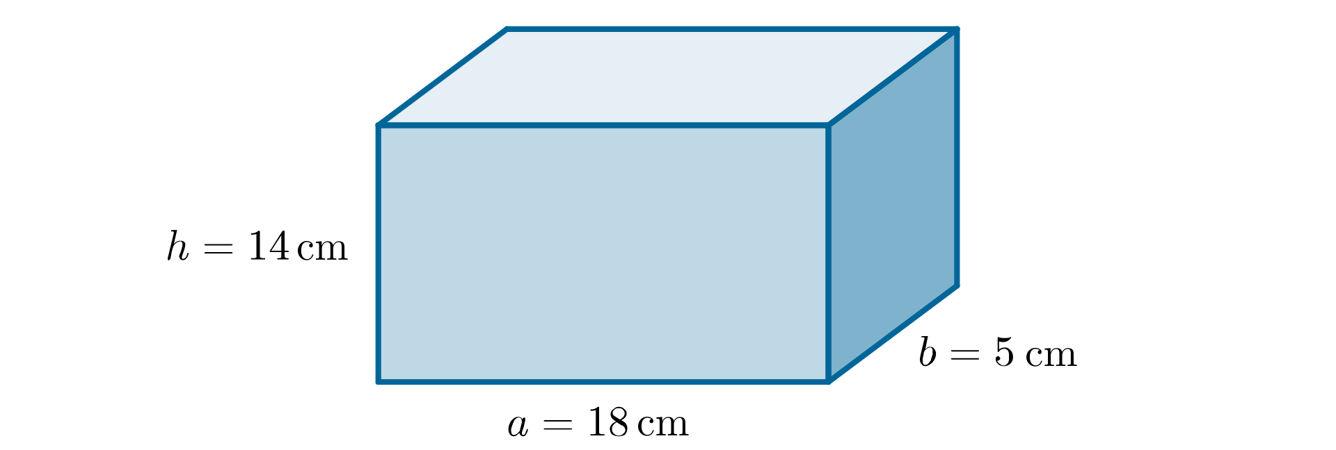 Rysunek prostopadłościanu, którego krawędzie podstawy mają długość 18 cm i 5 cm, a wysokość ma długość 14 cm.