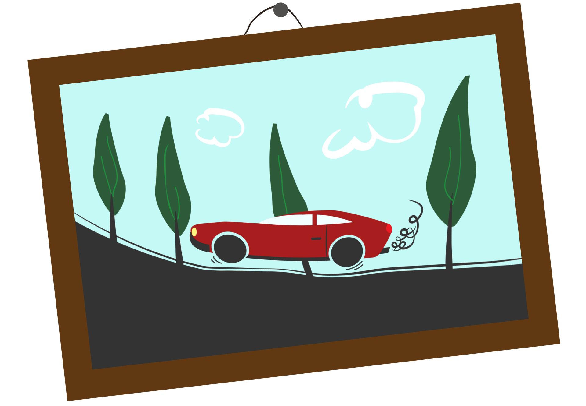 Grafika przedstawia czerwony samochód podjeżdżający pod górę. Z rury wydechowej unosi się dym. Wzdłuż drogi rosną cztery drzewa. Na niebie znajdują się dwie chmury obrysowane białą linią - chmura po prawej jest większa od chmury po lewej stronie.