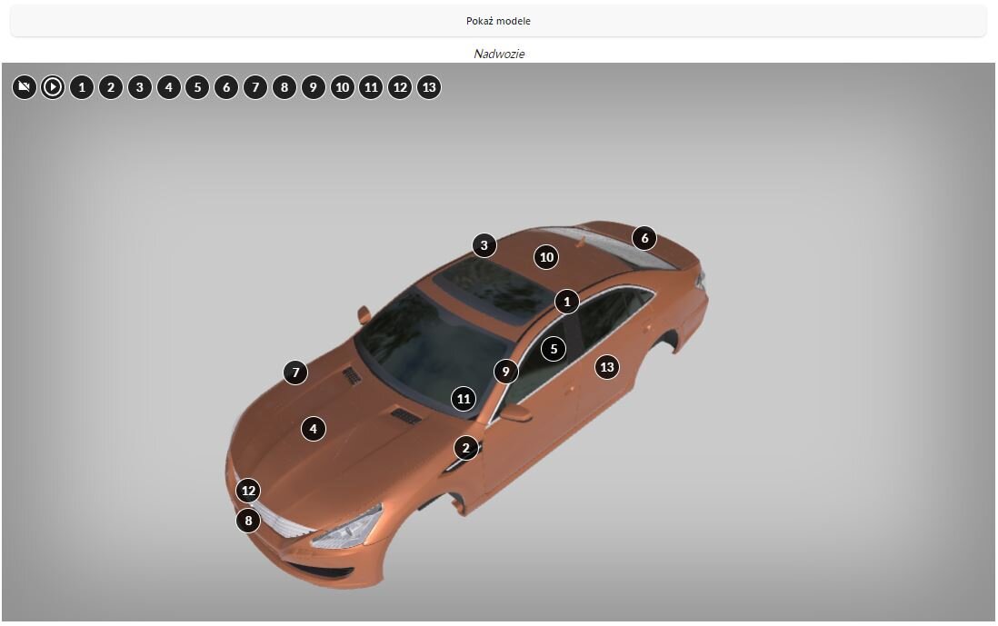 Ilustracja przedstawia fragment wizualizacji 3 D jednego z materiałów. Znajduje się na nim karoseria auta. Karoseria jest koloru pomarańczowego. W lewym górnym rogu znajdują się przyciski sterujące funkcjami wizualizacji. 