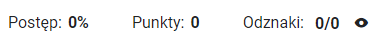 Ilustracja przedstawia panel postępu. Od lewej znajdują się tam informacje: Postęp, wartość w procentach, Punkty, liczba bez jednostki, odznaki, ułamek ilość zdobytych odznak w liczniku, a ilość wszystkich odznak w mianowniku.