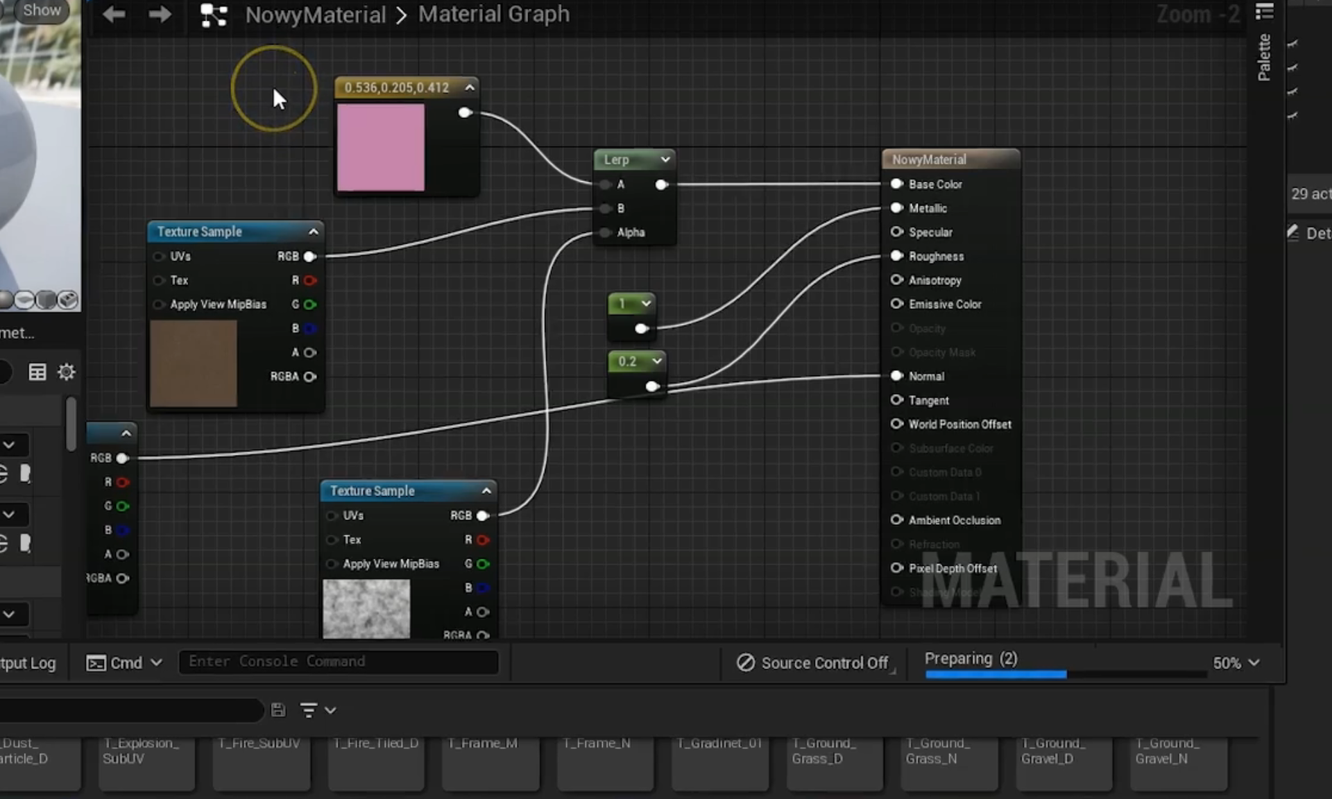 Ilustracja przedstawia okno programu. W obszarze okna są sekcje o nazwie Texture sample. Od opcji w sekcjach linie do sekcji NowyMateriał. Na tle sekcji jest wyświetlona lista, na której zaznaczono LinearInterpolate. W oknie o nazwie NowyMateriał są sekcje z połączeniami między sobą. Linie prowadzą do sekcji o nazwie NowyMateriał.