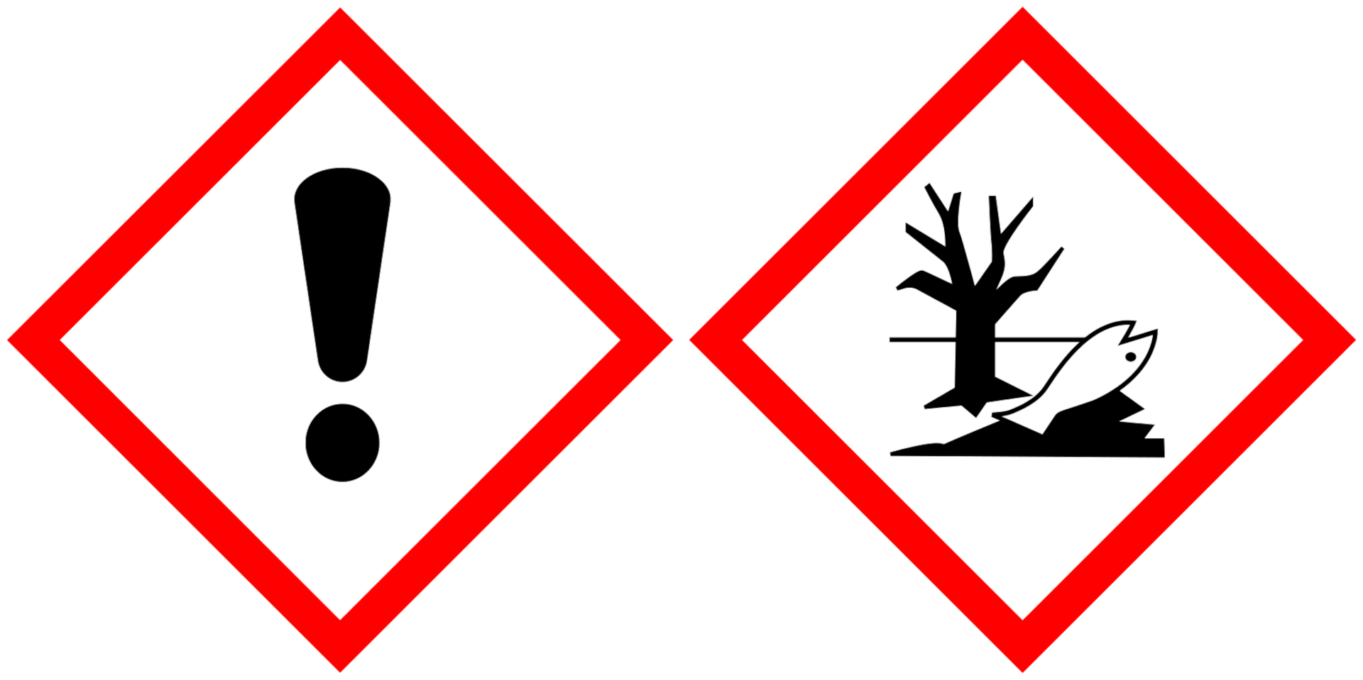 Grafika przedstawia 2 piktogramy z ostrzeżeniem. Pierwszy - czerwona ramka w kształcie rombu, w środku białe tło na którym znajduje się czarny wykrzyknik. Drugi - czerwona ramka w kształcie rombu, w środku białe tło na którym znajduje się ilustracja uschniętego drzewa i nieżyjącej ryby.
