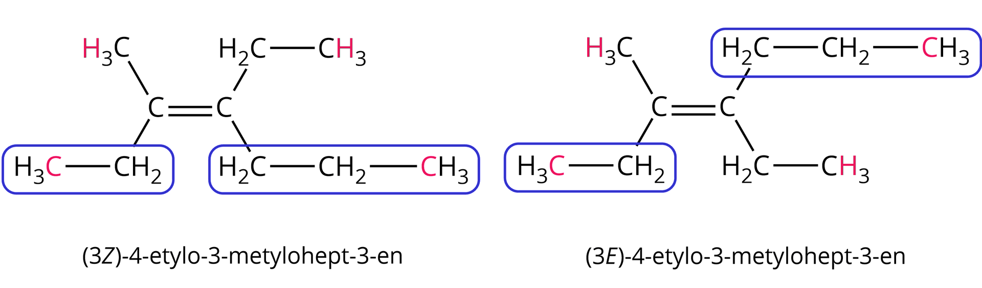 Ilustracja przedstawiająca izomerię typu E/zet na przykładzie cztery-etylo-trzy-metylohept-trzy-enu. Na różowo wyróżniono symbole pierwiastków, których liczby atomowe porównywano. Kolorem niebieskim zaznaczono podstawniki „ważniejsze” przy każdym z atomów węgla połączonych wiązaniem podwójnym. Wiązania podwójne znajdują się w płaszczyźnie monitora i usytuowane są poziomo. Po lewej stronie znajduje się cząsteczka zbudowana z dwóch połączonych za pomocą wiązania podwójnego atomów węgla, z których atom znajdujący się po lewej stronie podstawiony jest grupą metylową wychodzącą ponad płaszczyznę wiązania z zaznaczonym na różowo atomem wodoru oraz z grupą etylową C H indeks dolny, dwa, koniec indeksu dolnego, C H indeks dolny, trzy, koniec indeksu dolnego znajdującą się pod płaszczyzną, w której to atom węgla podstawiony trzema atomami wodoru zaznaczono na różowo. Drugi atom węgla znajdujący się po prawej stronie również łączy się z grupą etylową C H indeks dolny, dwa, koniec indeksu dolnego, C H indeks dolny, trzy, koniec indeksu dolnego wychodzącą przed płaszczyznę wiązania podwójnego z zaznaczonym na różowo atomem wodoru grupy C H indeks dolny, trzy, koniec indeksu dolnego. Ponadto omawiany drugi atom węgla przy wiązaniu podwójnym związany jest z podstawnikiem propylowym wychodzącym pod płaszczyznę z zaznaczonym na różowo atomem węgla podstawionym trzema atomami wodoru. W tym przypadku przy lewym atomie węgla zakreślono na niebiesko podstawnik etylowy, a przy prawym - propylowy. Zatem opisana cząsteczka to (trzy zet)-cztery-etylo-trzy-metylohept-trzy-en. Po prawej stronie ilustracji przedstawiono drugi izomer, w którym przy pierwszym od lewej atomie węgla również ponad płaszczyzną znajduje się grupa metylowa, a pod - grupa etylowa. Z kolei przy drugim atomie węgla nad płaszczyzną wiązania podwójnego znajduje się podstawnik propylowy, a pod - grupa etylowa. Na różowo zostały zaznaczone te same atomy, co w poprzednim izomerze. Zatem przy pierwszym od lewej atomie węgla zakreślono na niebiesko podstawnik etylowy, a przy drugim propylowy, znajdujące się po przeciwnych stronach płaszczyzny wiązania podwójnego. Zatem opisana cząsteczka to (trzy E)-cztery-etylo-trzy-metylohept-trzy-en.