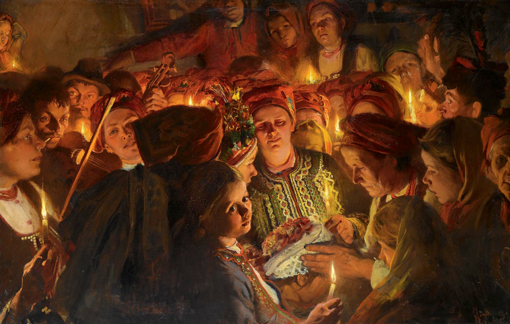 Obraz przedstawia grupę chłopek i chłopów w strojach ludowych, stłoczonych w izbie. Starsza kobieta zakłada na głowę młodej kobiety czepiec. Przygrywają muzykanci.