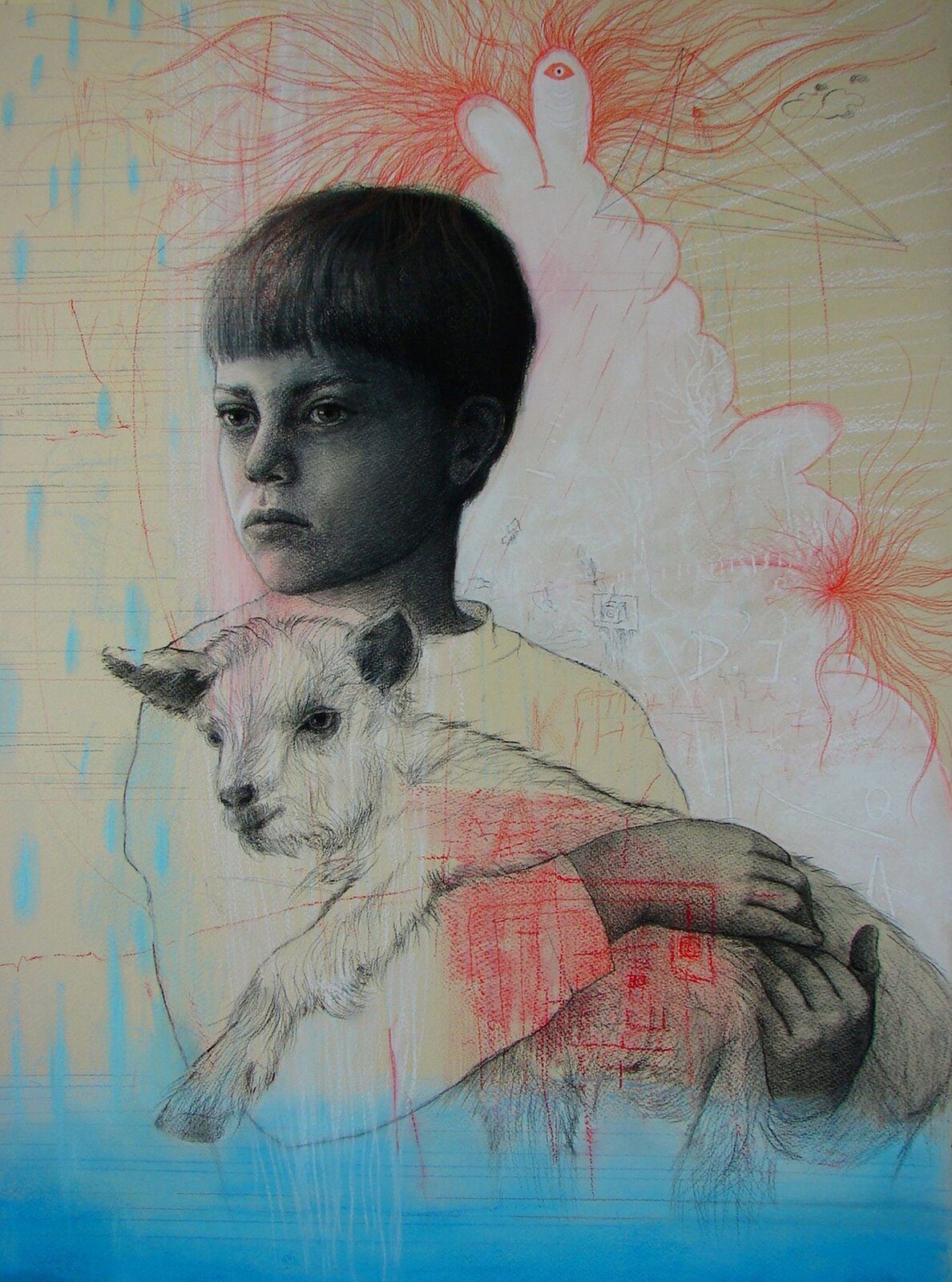 Ilustracja ukazuje pastelowy portret chłopca, trzymającego kózkę. Postać dziecka, umieszczona w centrum, została wykonana za pomocą czarno‑białego rysunku. Artystka z dużą dbałością o szczegół odwzorowała naturę. Ubrany w bluzę chłopiec z krótkimi włosami spogląda w prawą stronę. Twarz jest bardzo poważna. Pastel wykonany jest na jasnym beżowo‑żółtym tle. Za postacią widnieje czerwony, delikatny rysunek chmurzastego kształtu z wystającymi zza niego, wijącymi się liniami. Czerwony rysunek znajduje się również na postaci kozy – tym razem jest to rodzaj labiryntu. Dolną partię obrazu przysłania półprzezroczysty błękit. W górnym prawym rogu narysowany został przez artystkę trójkątny, przestrzenny kształt. Dzieło wykonane jest techniką pasteli.