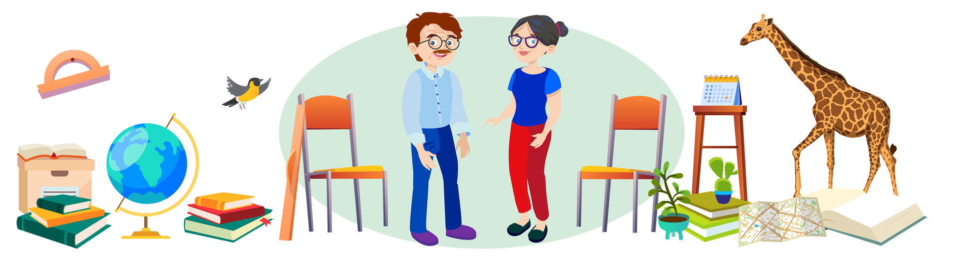 Ilustracja przedstawia nauczyciela i nauczycielkę na bladozielonym tle. Mężczyzna ma krótkie brązowe włosy i wąsy i jest ubrany w błękitną koszulę z kołnierzykiem i krótkimi rękawami, długie granatowe spodnie i ciemnofioletowe buty. Na nosie ma okulary w okrągłych oprawkach. Kobieta ma czarne włosy upięte w kok i jest ubrana w granatową bluzkę z krótkimi niebieskimi rękawami, długie czerwone spodnie i czarne buty. Na nosie ma okulary. Dookoła widać różne przedmioty, ptaka i zwierzę. Po lewej stronie stoi beżowe pudełko z pokrywką, na którym leży otwarta książka w pomarańczowej okładce. Obok są trzy książki ułożone jedna na drugiej. Pierwsza i trzecia ma ciemnozieloną okładkę, a druga pomarańczową. Powyżej wisi jasnobrązowy kątomierz. Na prawo od książek stoi globus na złotej podstawie. Obok globusa są kolejne trzy książki ułożone jedna na drugiej. Pierwsza ma pomarańczową okładkę, druga czerwoną, a trzecia ciemnozieloną. Nad książkami lata sikorka bogatka. Jest to czarno‑biały ptak z żółtym upierzeniem na brzuchu. Na prawo od książek stoi pomarańczowe krzesło, o które oparta jest długa jasnobrązowa linijka. Na prawo od nauczycielki stoi drugie pomarańczowe krzesło. Obok krzesła widać zieloną roślinę w turkusowej donicy. Dalej na prawo są dwie książki ułożone jedna na drugiej. Pierwsza ma zieloną okładkę, a druga jasnozieloną. Na książkach stoi niewielki kaktus w granatowo‑błękitnej donicy. Za książkami widać wysoki brązowy stołek, na którym ustawiono niebiesko‑pomarańczowy kalendarz biurkowy. Po prawej stronie jest rozłożona mapa, a obok niej otwarta książka. Za książką stoi żyrafa. Jest to wysokie zwierzę o pomarańczowej sierści w brązowe cętki.
