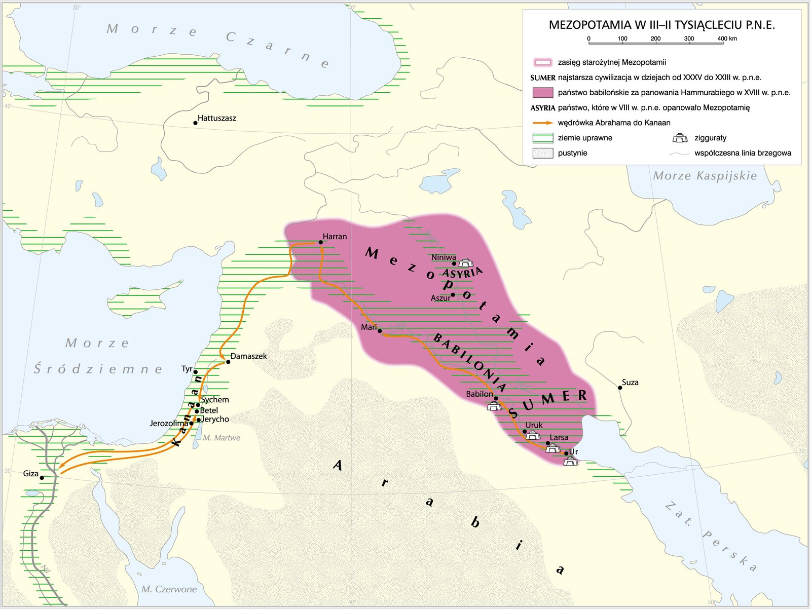 Mapa przedstawiająca Bliski Wschód. Na mapie zaznaczono obszary: Kanaanu, Egiptu. Sumeru, Mezopotamii, Asyrii, Babilonii i Arabii. Sumer, Mezopotamia, Asyria, Babilonia zaznaczone kolorem różowym. Zielonymi paskami oznaczono tereny pól uprawnych - Delta Nilu, wschodni brzeg Morza Śródziemnego, północne i południowe wybrzeże Azji Mniejszej.   Miasta znajdujące się na obszarze zaznaczonym na różowo: Ur, Larsa, Uruk, Babilon, Mari, Aszur, Niniwa, Harran. Miasta w Egipcie: Giza. Miasta w Kanaanie: Jerozolima, Jerycho, Tyr, Sychem, Betel. Pozostałe miasta: Suza, Hattuszasz, Damaszek. Pomarańczowa strzałka, pokazująca drogę Abrahama do Kanaanu: od Ur, przez Larsę, Uruk, Babilon, Mari, Harran, Damaszek, Sychem, Gizę do Betel. Zbiorniki wodne: Morze Czarne, Morze Kaspijskie, Morze Śródziemne, Morze Czerwone, Zatoka Perska. 