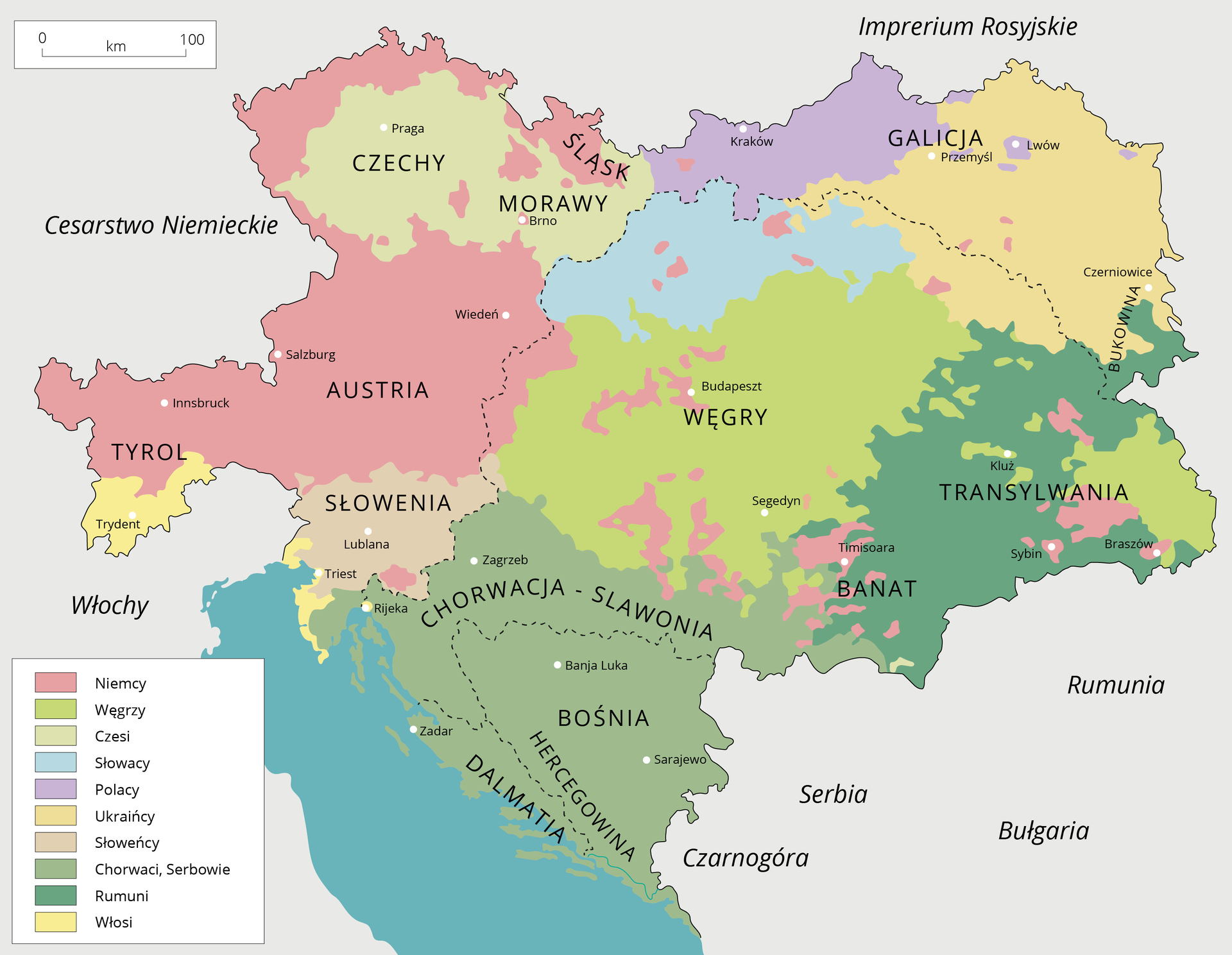 Ilustracja przedstawia mapę Austro-Węgier z opisanymi narodowościami zamieszkującymi to terytorium. Morawy i Czechy zamieszkiwane przez Czechów. Galicja, zamieszkiwana przez Polaków, Ukraińców, Rumunów. Austria, zamieszkiwana przez Niemców, Włochów. Tyrol, zamieszkiwany przez Niemców. Węgry, zamieszkiwane przez Węgrów, Niemców, Chorwatów, Serbów, Rumunów. Transylwania, zamieszkiwana przez Rumunów, Niemców, Węgrów. Bukowina, W Galicji, zamieszkiwana przez Rumunów. Chorwacja - Slawonia, Bośnia, Hercegowina, Dalmatia, zamieszkiwane przez Chorwatów, Serbów.  Słowenia zamieszkiwana przez Słoweńców, Włochów, sorbetów, Serbów. 