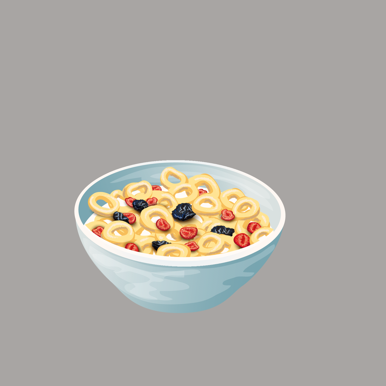 Ilustracja przedstawia miseczkę z mlekiem i płatkami oraz kawałkami suszonych owoców.