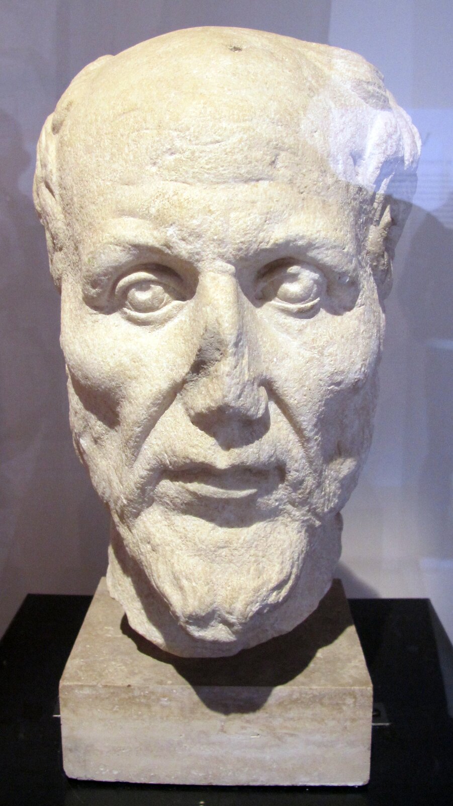 Zdjęcie przedstawia rzeźbę głowy męskiej. Mężczyzna jest dojrzały. Na jego czole widoczne są poziome zmarszczki. Twarz mężczyzny jest pociągła. Mężczyzna ma wysokie czoło. Włosy mężczyzny są krótkie, przylegają do głowy, są lekko falujące, zaczesane na twarz. Mężczyzna ma niewielką brodę. Nos rzeźby jest uszkodzony.