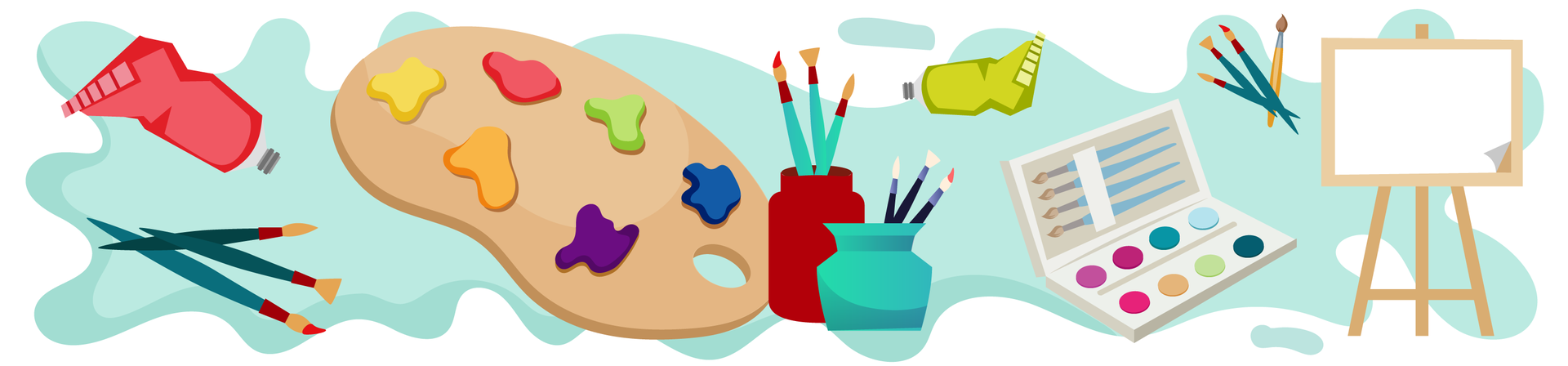 Ilustracja przedstawia przedmioty związane z malarstwem znajdujące się na jasnoturkusowym tle. Tło przypomina rozlaną farbę. Po lewej stronie znajduje się czerwona tubka farby. Niżej są trzy pędzle. Na prawo od pędzli jest brązowa paleta kolorowych farb. Obok niej stoją dwa pojemniki. W każdym z nich znajdują się po trzy pędzle. Pierwszy pojemnik jest ciemnoczerwony, a drugi turkusowy. Dalej na prawo widać jasnozieloną tubkę farby oraz otwartą jasnoszarą kasetkę, w której jest osiem różnokolorowych farb i przegródka z czterema pędzlami. Na prawo od kasetki są kolejne cztery pędzle. Po prawej stronie ilustracji stoi jasnobrązowa sztaluga z ustawionym na niej białym płótnem malarskim.