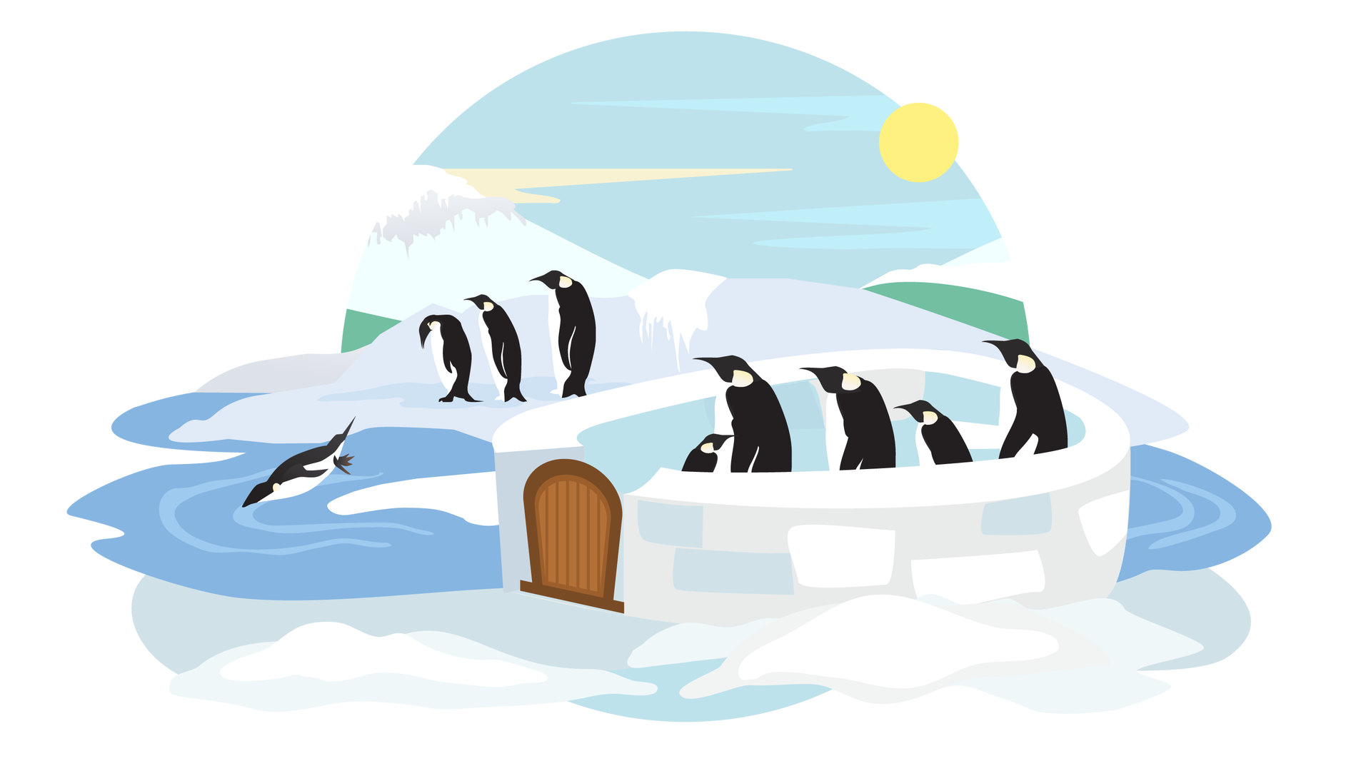 Krajobraz zimowy. W tle widać szarobłękitne niebo, słońce, wysoką ośnieżoną górę i wąski pas zieleni. Na pierwszym planie znajduje się biała, okrągła, murowana zagroda z drewnianymi drzwiczkami. W zagrodzie stoi pięć pingwinów. Na drugim planie, na ośnieżonym i oblodzonym pagórku, stoją trzy kolejne pingwiny. Czwarty skacze do wody, jest widoczny po lewej stronie ilustracji.