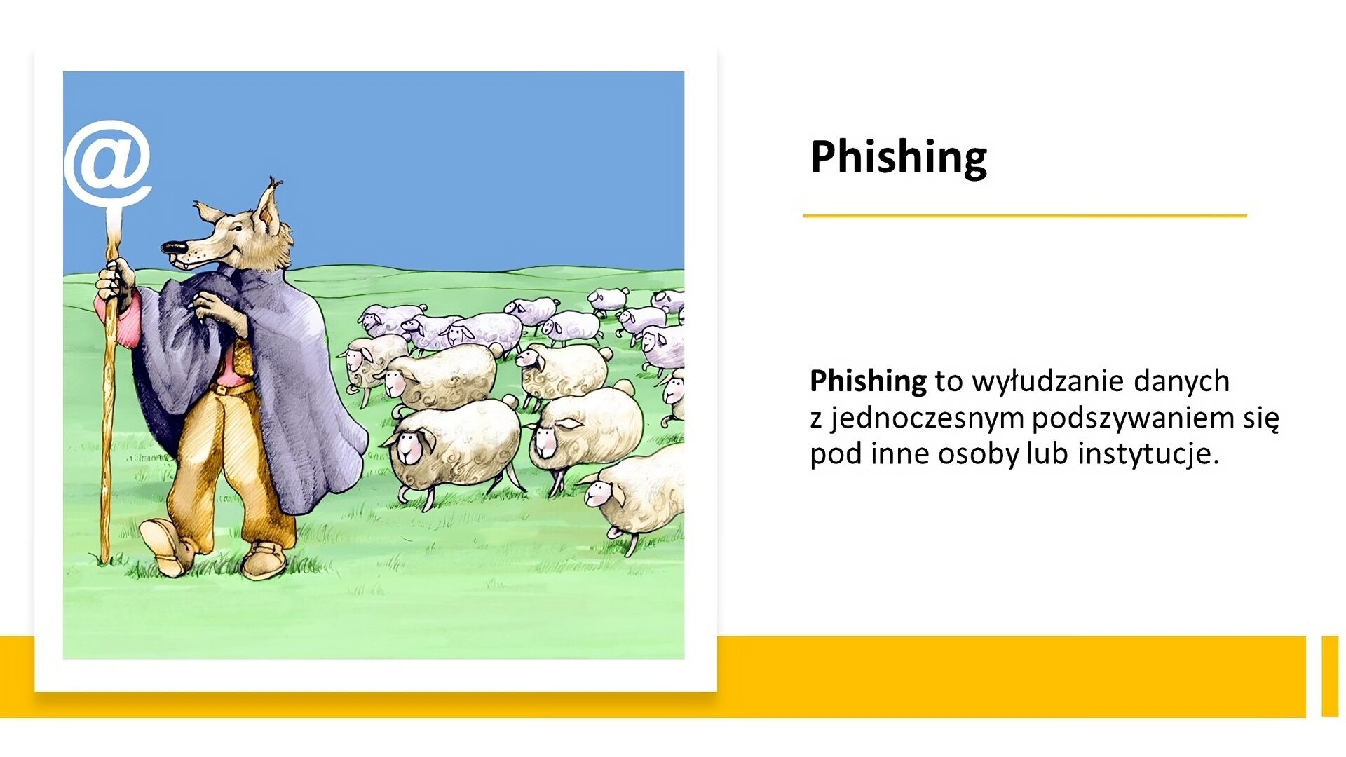 Biały slajd. Z lewej strony kolorowa ilustracja przedstawiająca wilka, w niebieskiej pelerynie, który idzie na dwóch łapach. W prawej dłoni dzierży wysoką laskę, na górze której znajduje się symbol „@”. Za wilkiem podąża stado owiec. Z prawej strony slajdu tekst: „<span lang="en"Phishing. Phishing to wyłudzanie danych z jednoczesnym podszywaniem się pod inne osoby lub instytucje”.