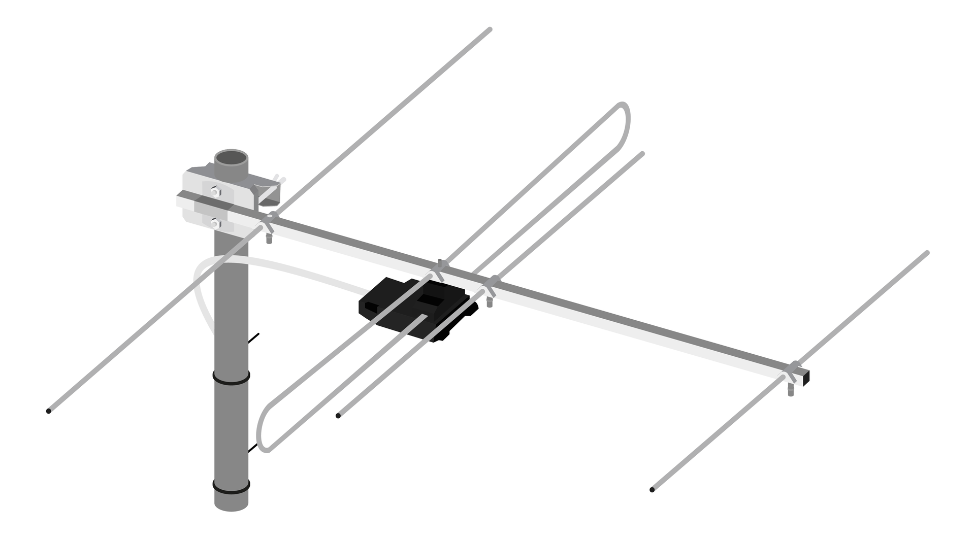 Grafika przedstawia prostą antenę telewizyjną, którą zazwyczaj umieszcza się na dachu budynku. Antena składa się z kilku metalowych prętów o różnych długościach. Jeden dłuższy pręt stanowi oś konstrukcji, na której umieszczone są trzy krótsze, czyli reflektory, w tym jeden w kształcie pętli czyli dipol, na którym zamontowano prostokątną kasetę czyli puszkę antenową. Całość jest zamocowana na maszcie z metalowej rury, a kolor anteny jest srebrny. 