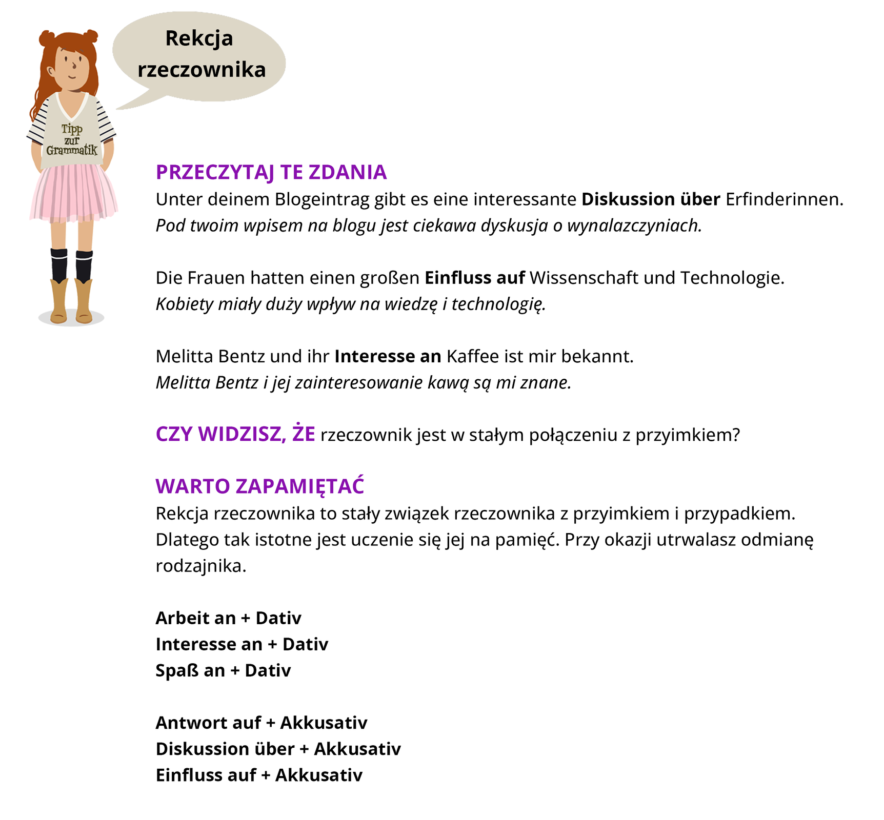 Ilustracja zawiera poradę językową.
Grafika przedstawia dziewczynkę ubraną w beżową bluzę z napisem Tipp zur Grammatik oraz różową, plisowaną spódnicę i kowbojki.
Dziewczynka mówi: Rekcja rzeczownika.
Pozostałą część ilustracji stanowi tekst, którego treść wyświetla się w trybie dostępności.