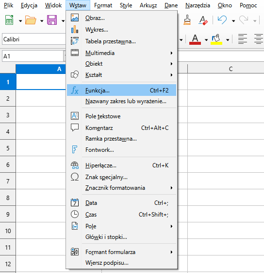 Ilustracja przedstawia okno programu LibreOffice Calc. Z menu wybrano opcję: Wstaw. Po rozwinięciu listy wybrano: Funkcja, Ctrl+F2.  