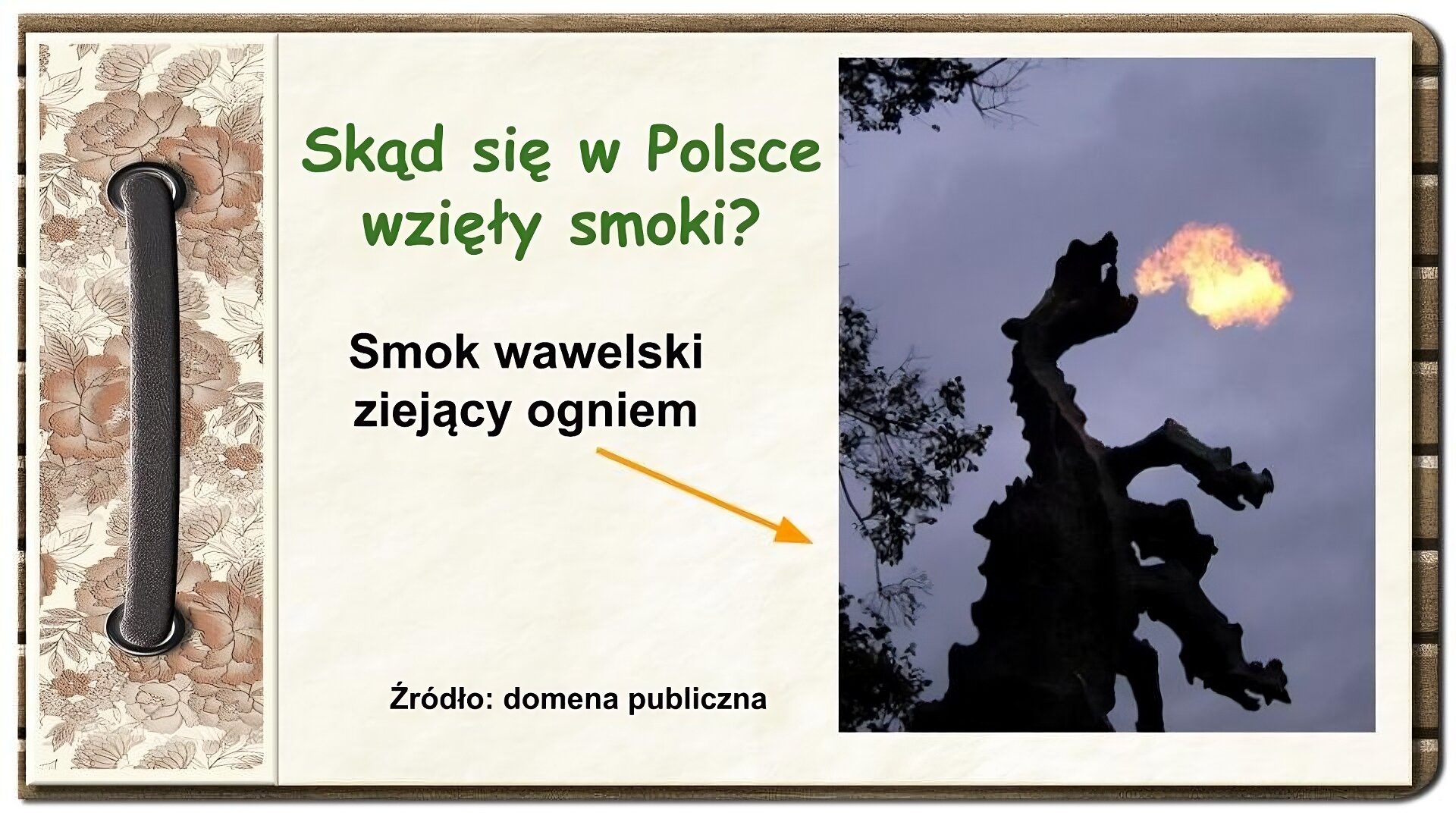Na ekranie strona z notatnika zdobiona z lewej strony brązowym paskiem przewleczonym przez dwie dziurki oraz ozdobnym paskiem w brązowe kwiaty. Na środku u góry napis: Skąd się w Polsce wzięły smoki? Po prawej zdjęcie metalowego smoka ziejącego ogniem. W tle szare niebo. Do zdjęcia prowadzi strzałka, przy której znajduje się napis: Smok wawelski ziejący ogniem. Na dole napis: Źródło: domena publiczna.