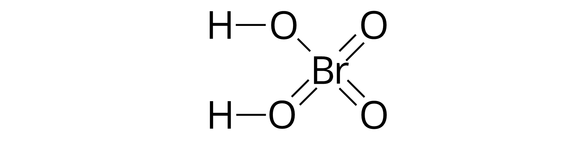 Grafika przedstawia wzór strukturalny kwasu bromowego(VII). Po lewej stronie znajdują się dwa atomy wodoru jeden nad drugim. Od każdego z nich wychodzi pozioma kreska, symbolizująca wiązanie, i łączy każdą z nich z jednym atomem tlenu. Jeden atom tlenu znajduje się nad drugim atomem. Po prawej stronie pośrodku dwóch atomów tlenu znajduje się atom bromu, który jest połączony z tymi dwoma atomami przy pomocy pojedynczych kresek. Po prawej stronie atomu bromu znajdują się dwa atomy tlenu, jeden nad drugim, na tej samej wysokości co atomy wodoru i tlenu po lewej stronie. Te dwa atomy tlenu są połączone z atomem bromu przy pomocy dwóch podwójnych wiązań.