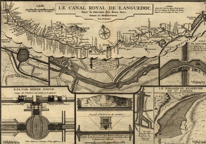 Ilustracja przedstawia mapę oraz szkice przedstawiające budowę kanału, który miał łączyć Morze Śródziemne z Oceanem Atlantyckim. Rysunki przedstawiają rzut z góry oraz detale techniczne i konstrukcyjne planowanej budowy. 