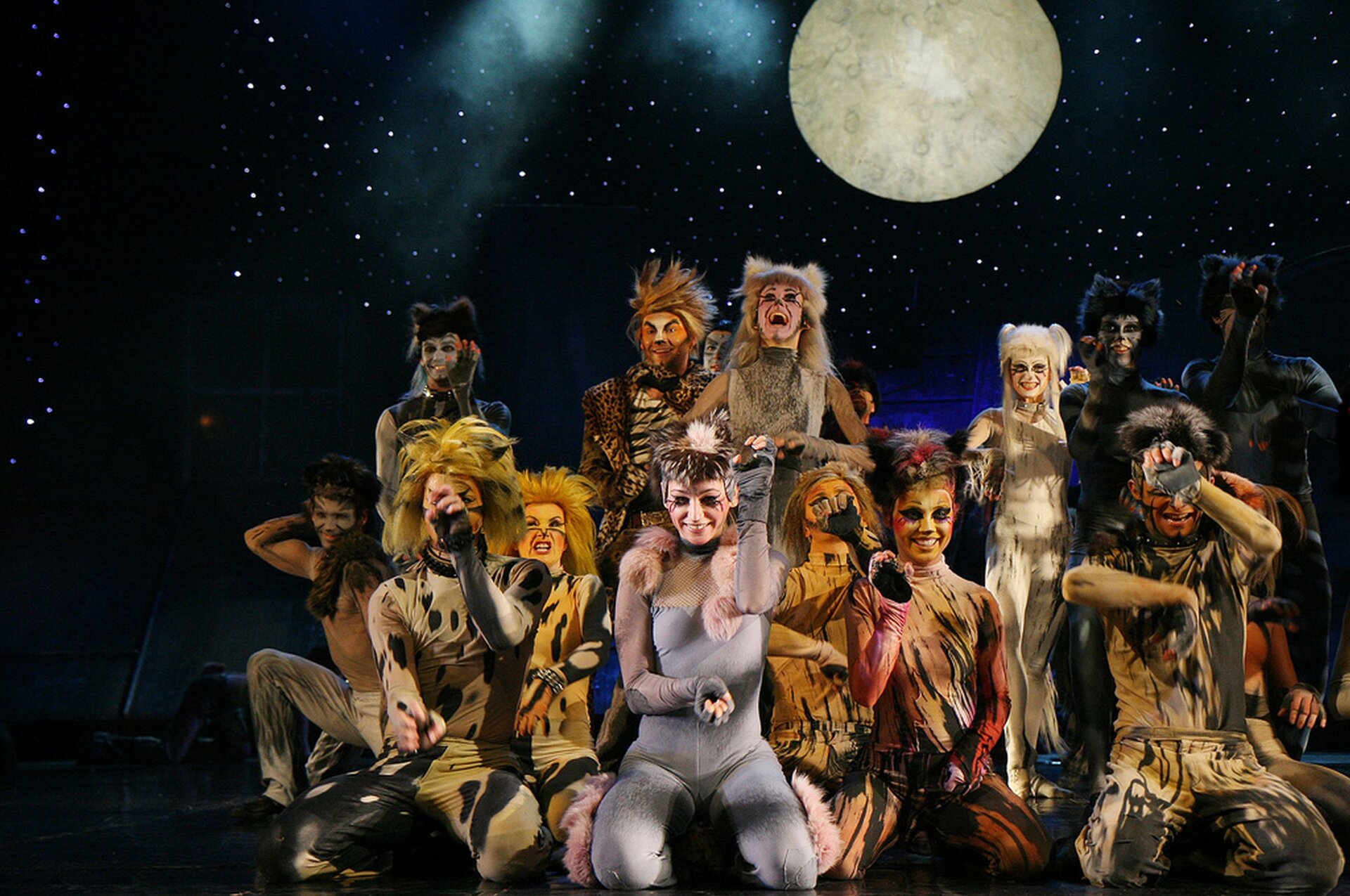 Fotografia przedstawia zdjęcie z musicalu „Koty” w Teatrze Muzycznym Roma w Warszawie z 2007 roku. Aktorzy przebrani są w stroje kotów, w tle widać ciemne niebo, gwiazdy i księżyc.