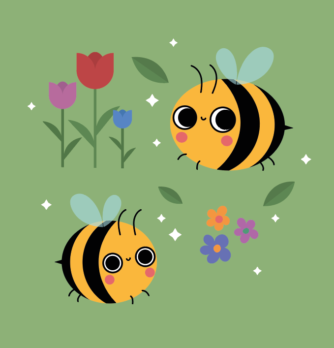 Ilustracja przedstawia niedokończoną kartkę okolicznościową. Na zielonym tle ustawione są tulipany, pszczoły oraz kolorowe kwiatki.