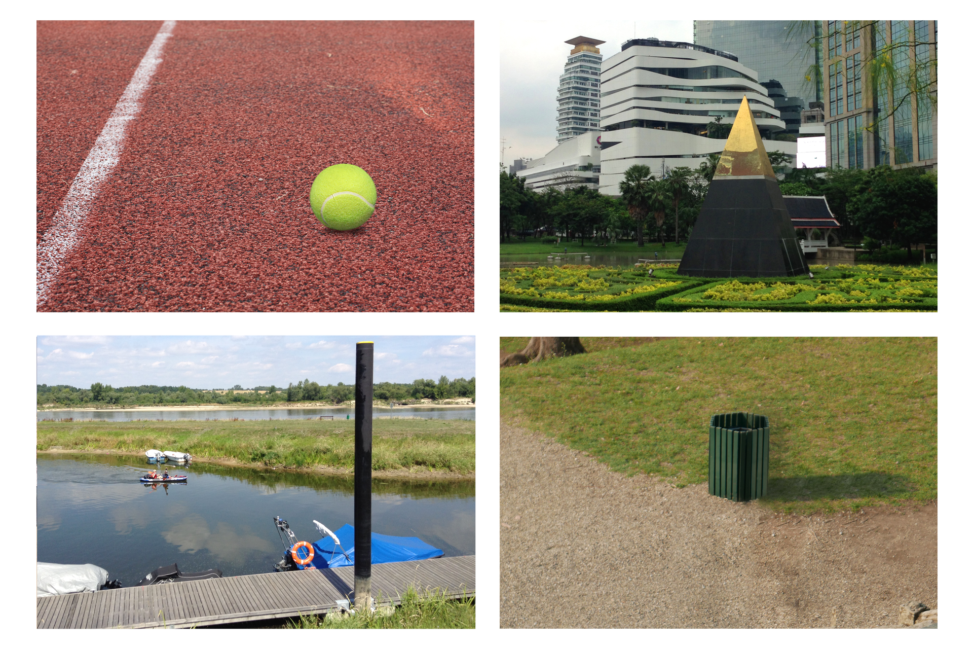 Zdjęcia przedstawiające piłkę tenisową, budowlę w kształcie ostrosłupa, metalowe beczki i kosz na śmieci w kształcie graniastosłupa.