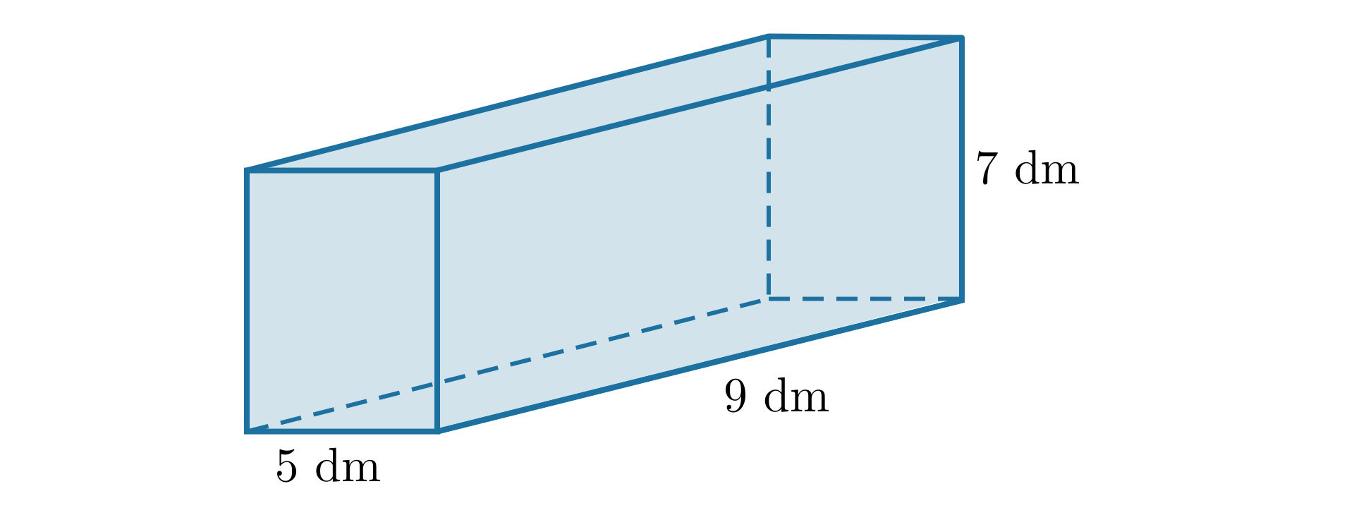 Na rysunku znajduje się prostopadłościan o wymiarach 5 decymetrów na 9 decymetrów na 7 decymetrów.