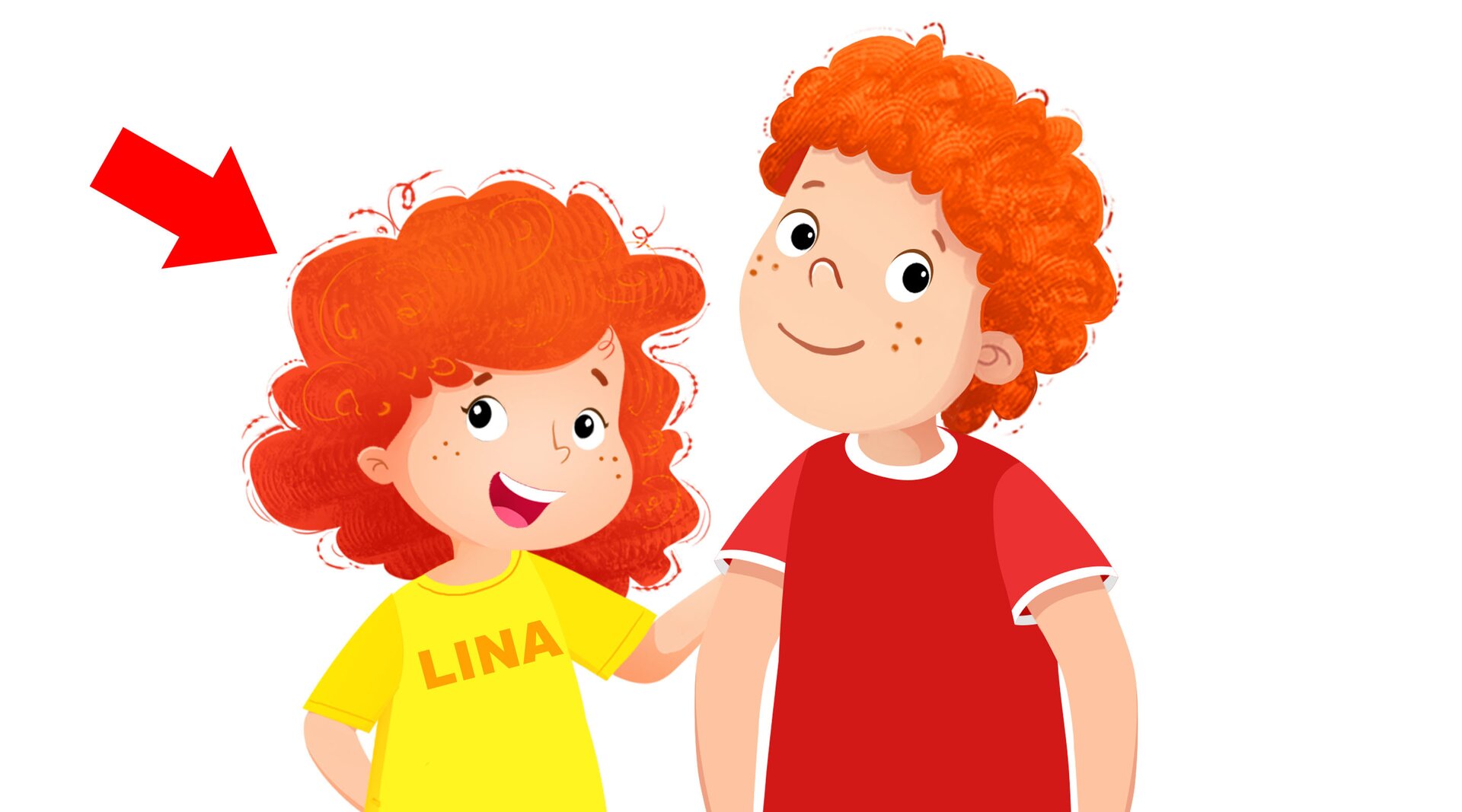 Na ilustracji znajdują się chłopiec i dziewczynka. Strzałka wskazuje na siostrę.