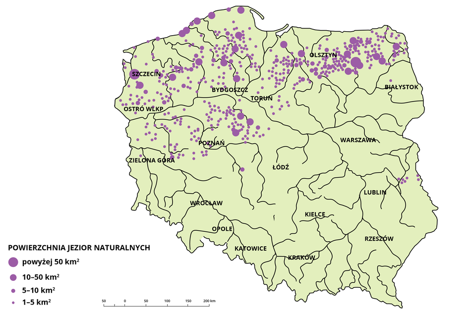 Na mapie Polski jest rozmieszczenie jezior naturalnych. Występują głównie w północnej części kraju - po Zieloną Górę, Poznań, Toruń oraz Warmię i Mazury. Kilka jest w województwie lubelskim. Jedno na południe od Poznania. Jeziora o powierzchni powyżej 50 kilometrów kwadratowych występują w rejonie Szczecina, na Mazurach. Od 10 do 50 kilometrów kwadratowych: na Pojezierzu Pomorskim, na Warmii, Mazurach, na południowy zachód od Torunia. Pozostałe jeziora mają mniejszą powierzchnię.      